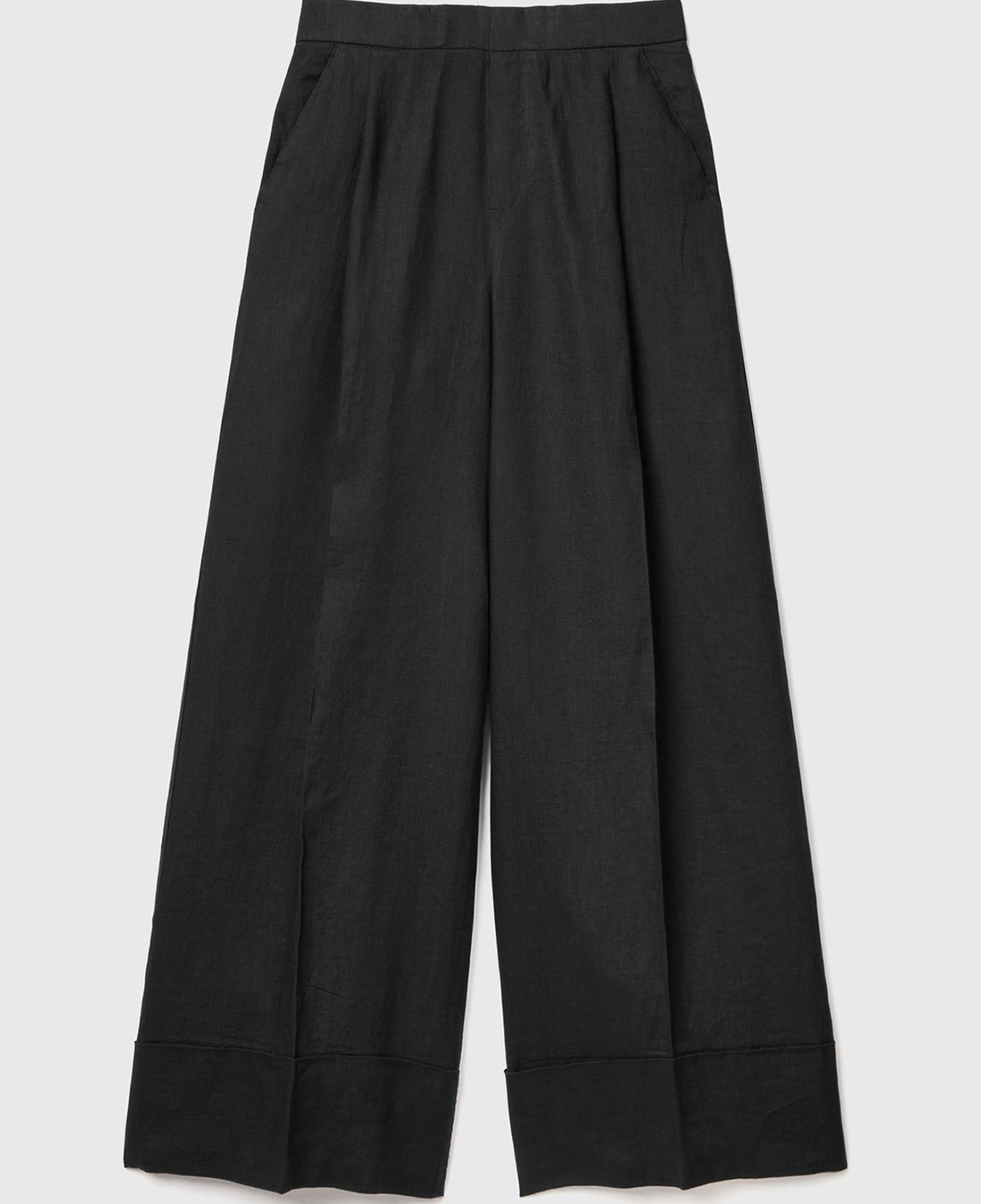 Kadın Siyah %100 Keten Beli Lastikli Geniş Kesim Pantolon