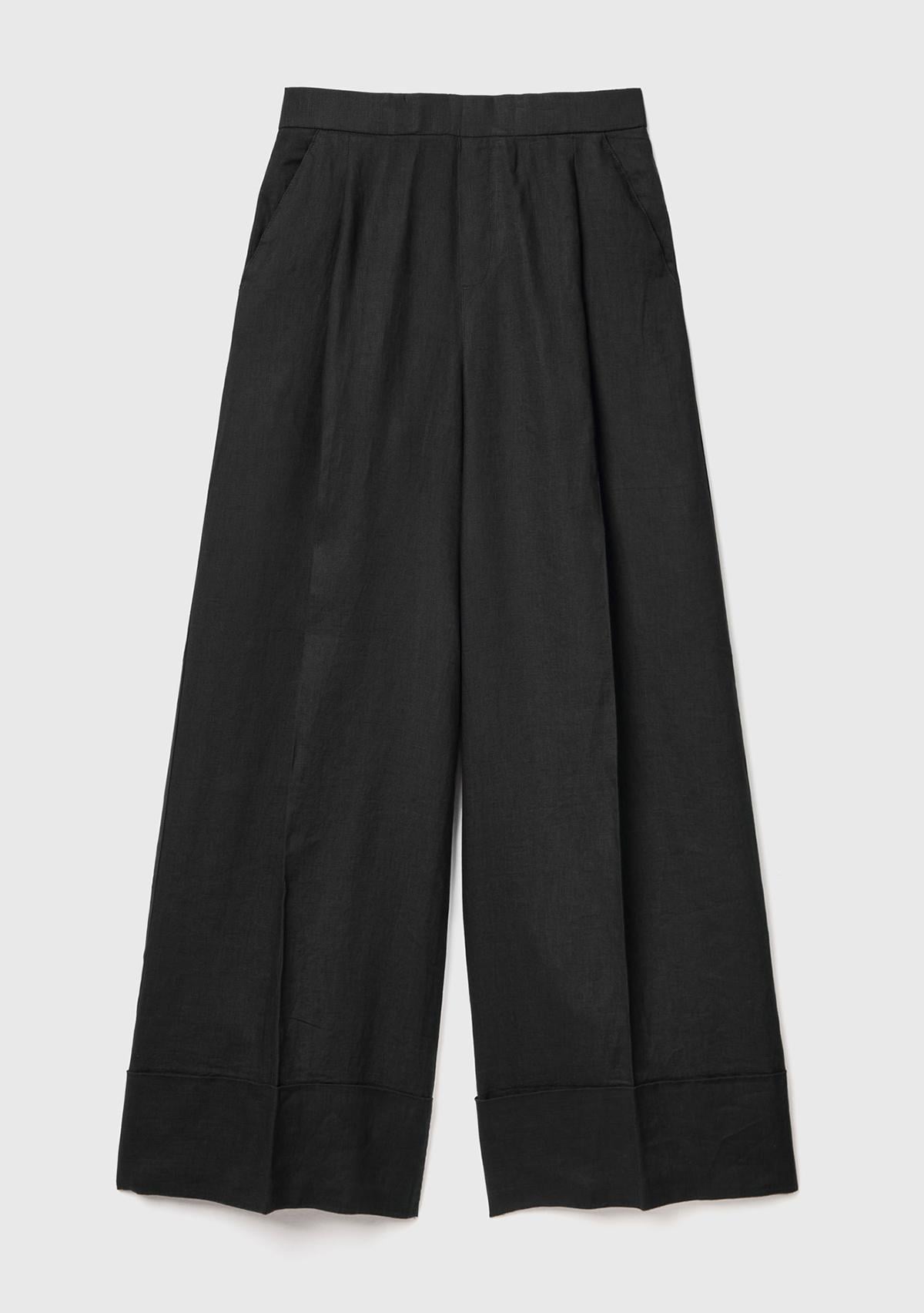 Kadın Siyah %100 Keten Beli Lastikli Geniş Kesim Pantolon