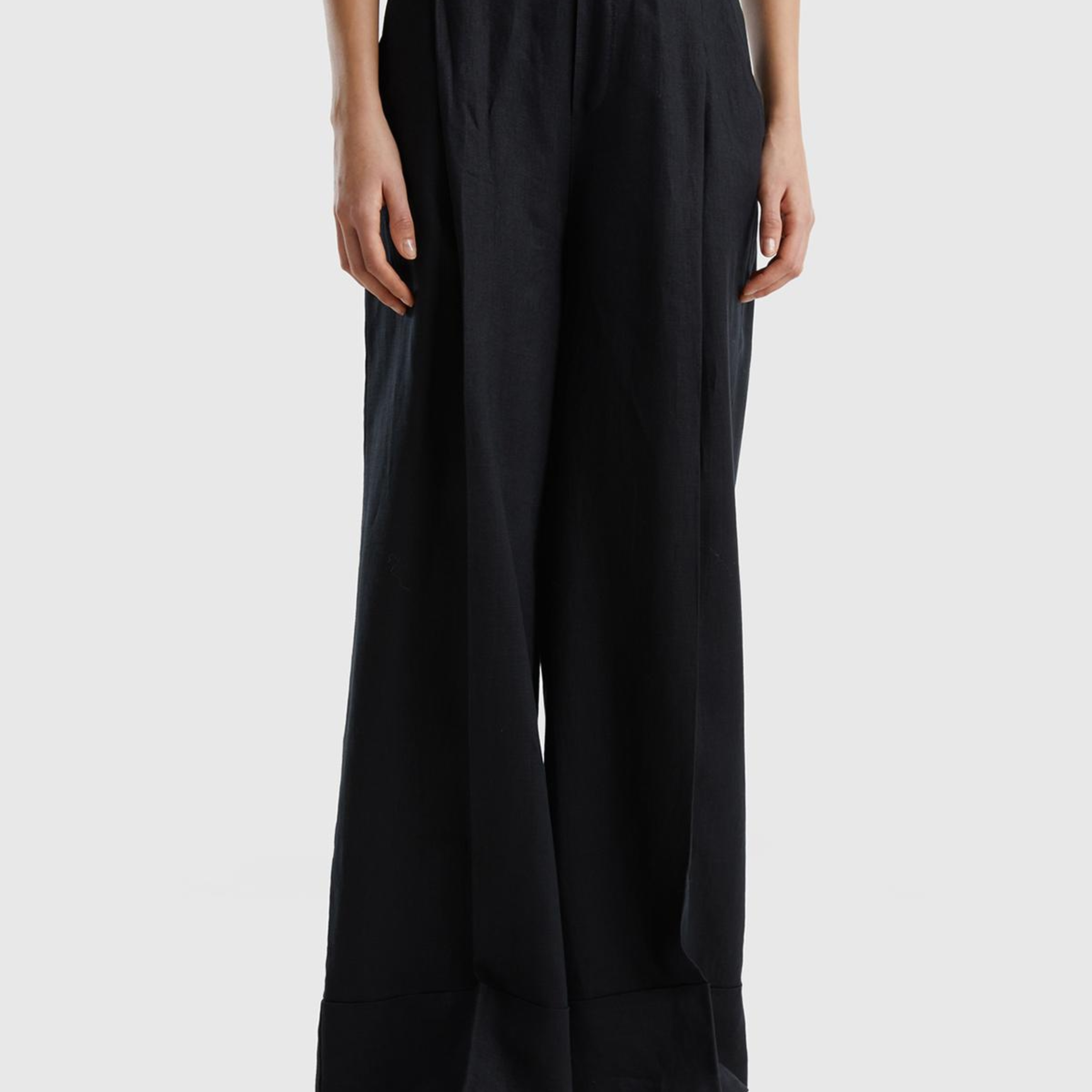 Kadın Siyah %100 Keten Beli Lastikli Geniş Kesim Pantolon