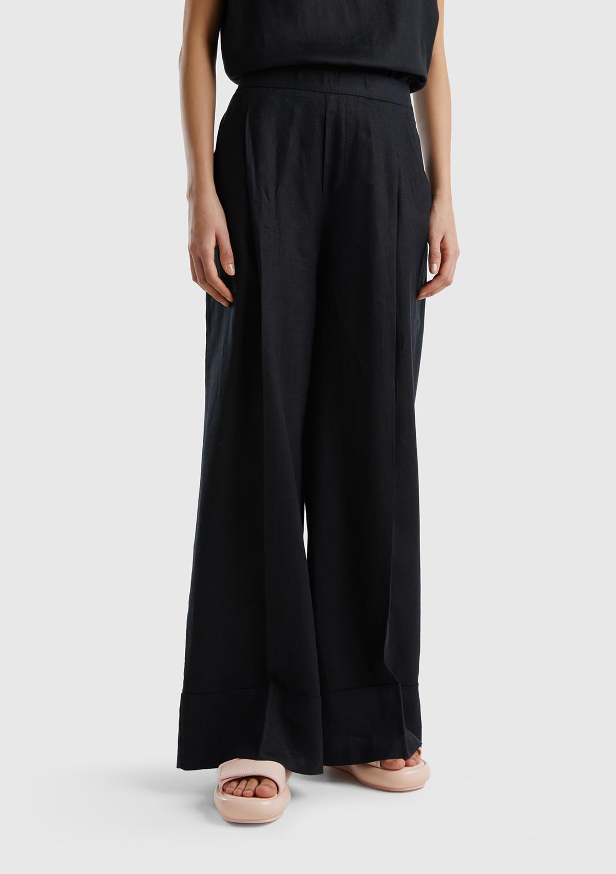 Kadın Siyah %100 Keten Beli Lastikli Geniş Kesim Pantolon