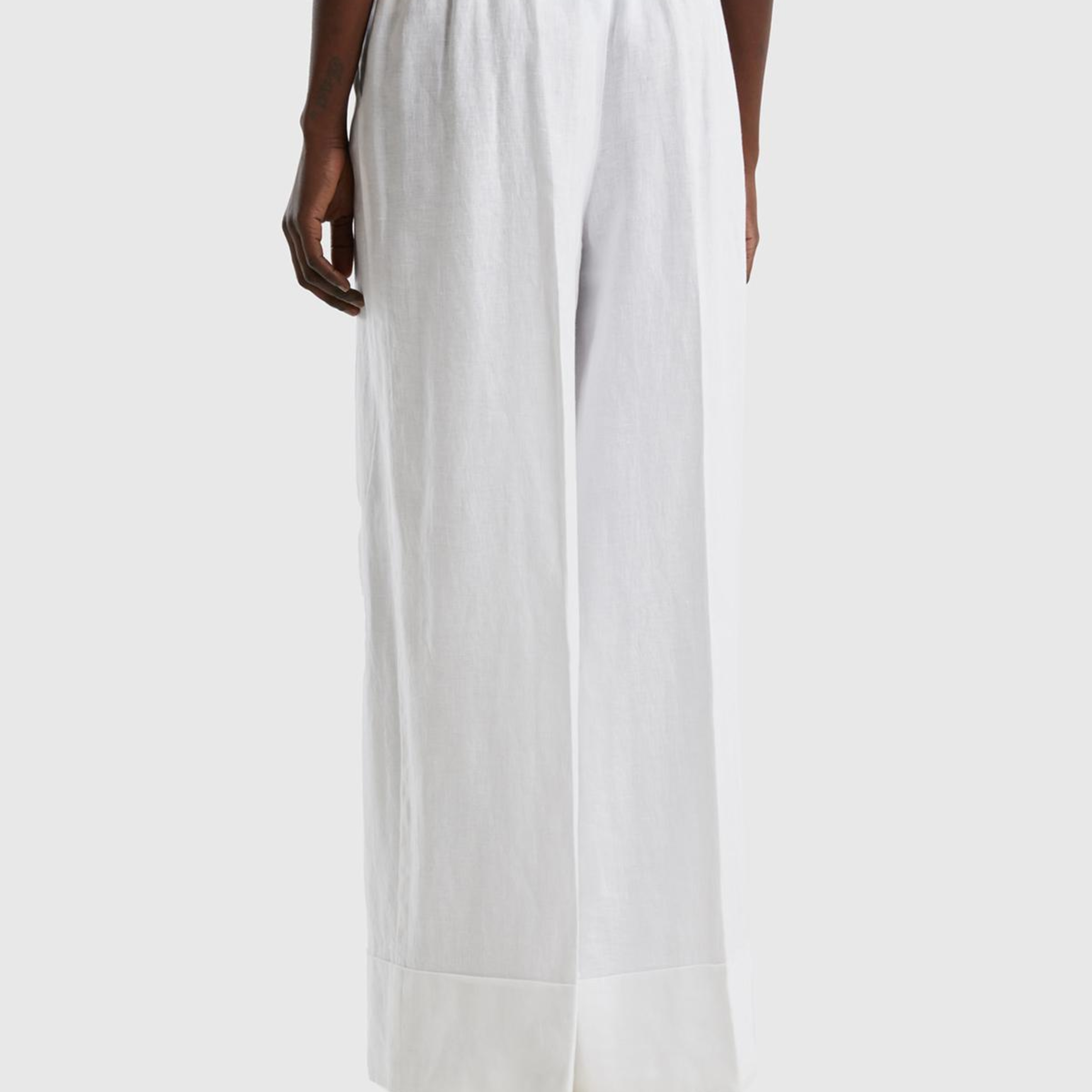 Kadın Beyaz %100 Keten Beli Lastikli Geniş Kesim Pantolon