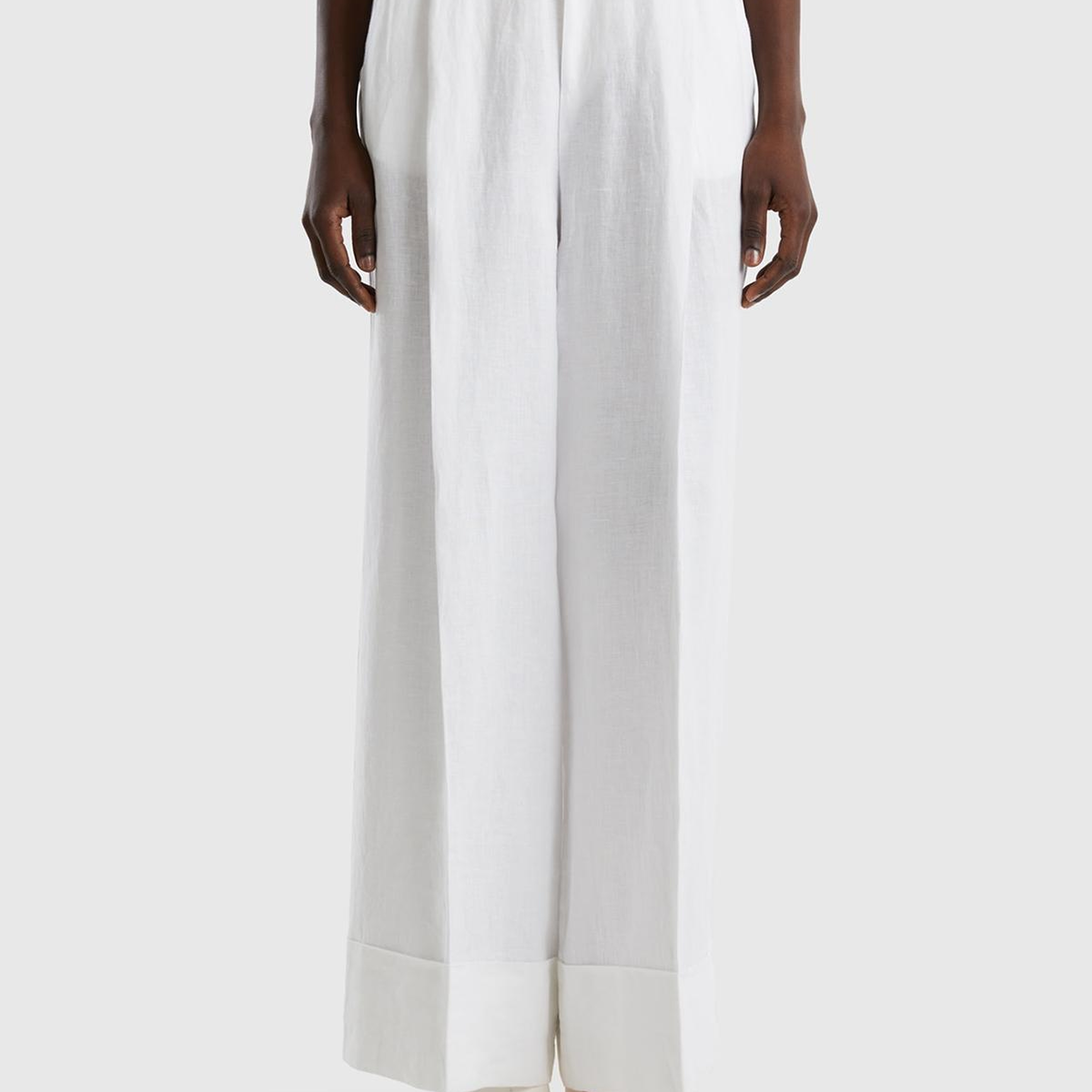 Kadın Beyaz %100 Keten Beli Lastikli Geniş Kesim Pantolon