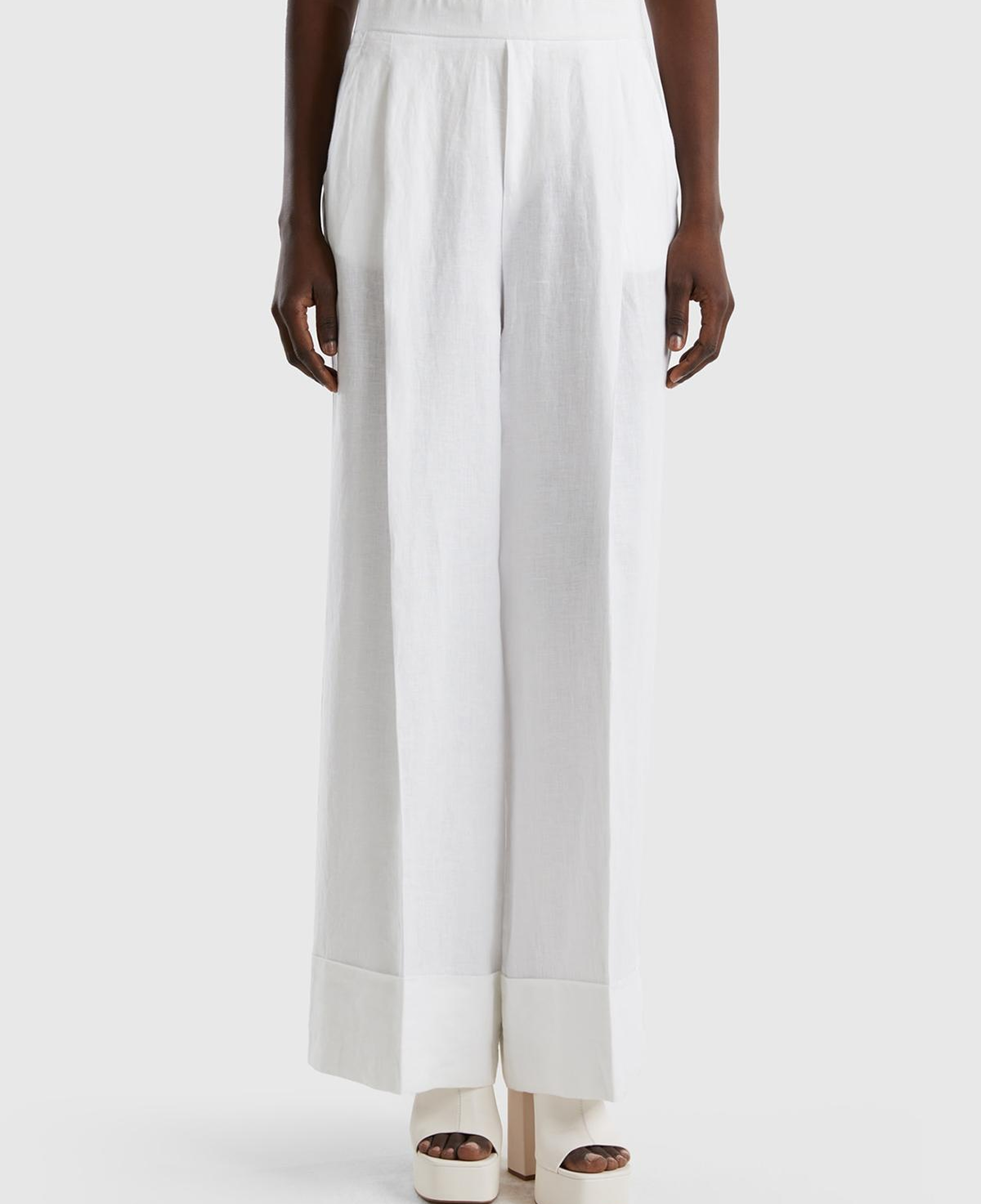 Kadın Beyaz %100 Keten Beli Lastikli Geniş Kesim Pantolon