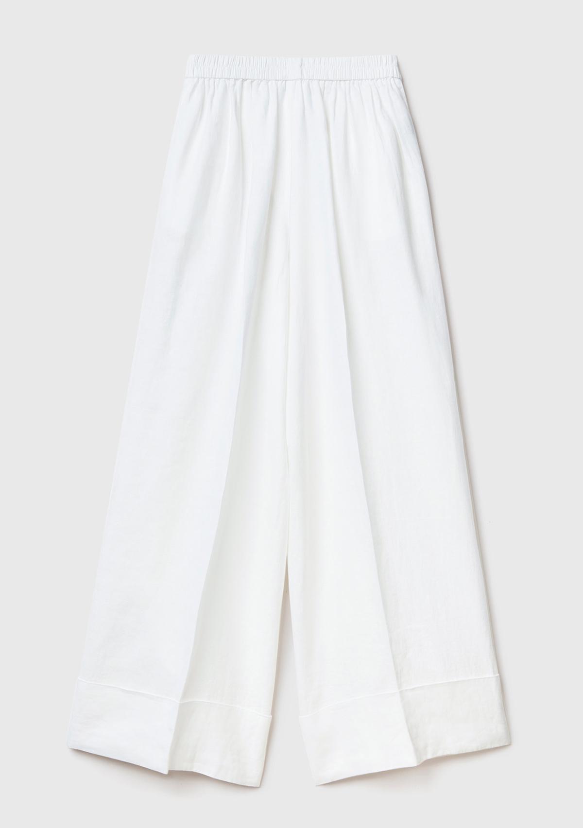 Kadın Beyaz %100 Keten Beli Lastikli Geniş Kesim Pantolon
