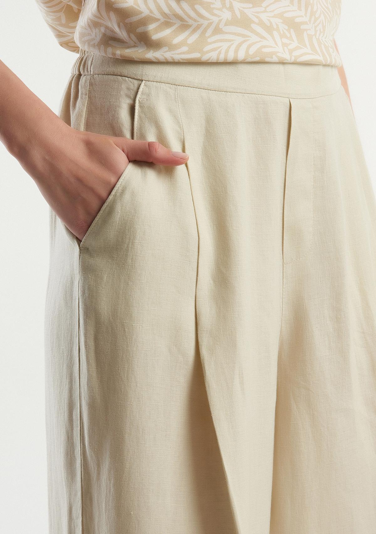 Kadın Bej %100 Keten Beli Lastikli Geniş Kesim Pantolon