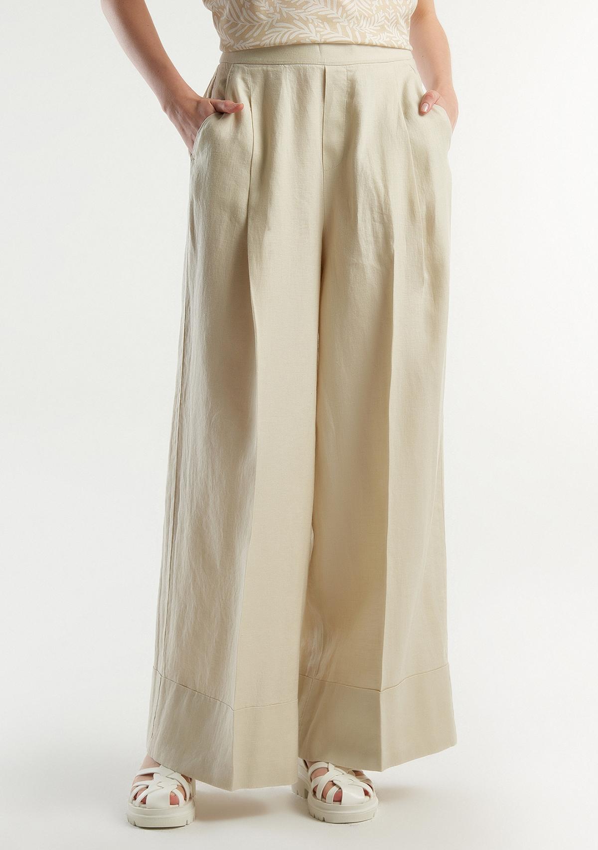 Kadın Bej %100 Keten Beli Lastikli Geniş Kesim Pantolon