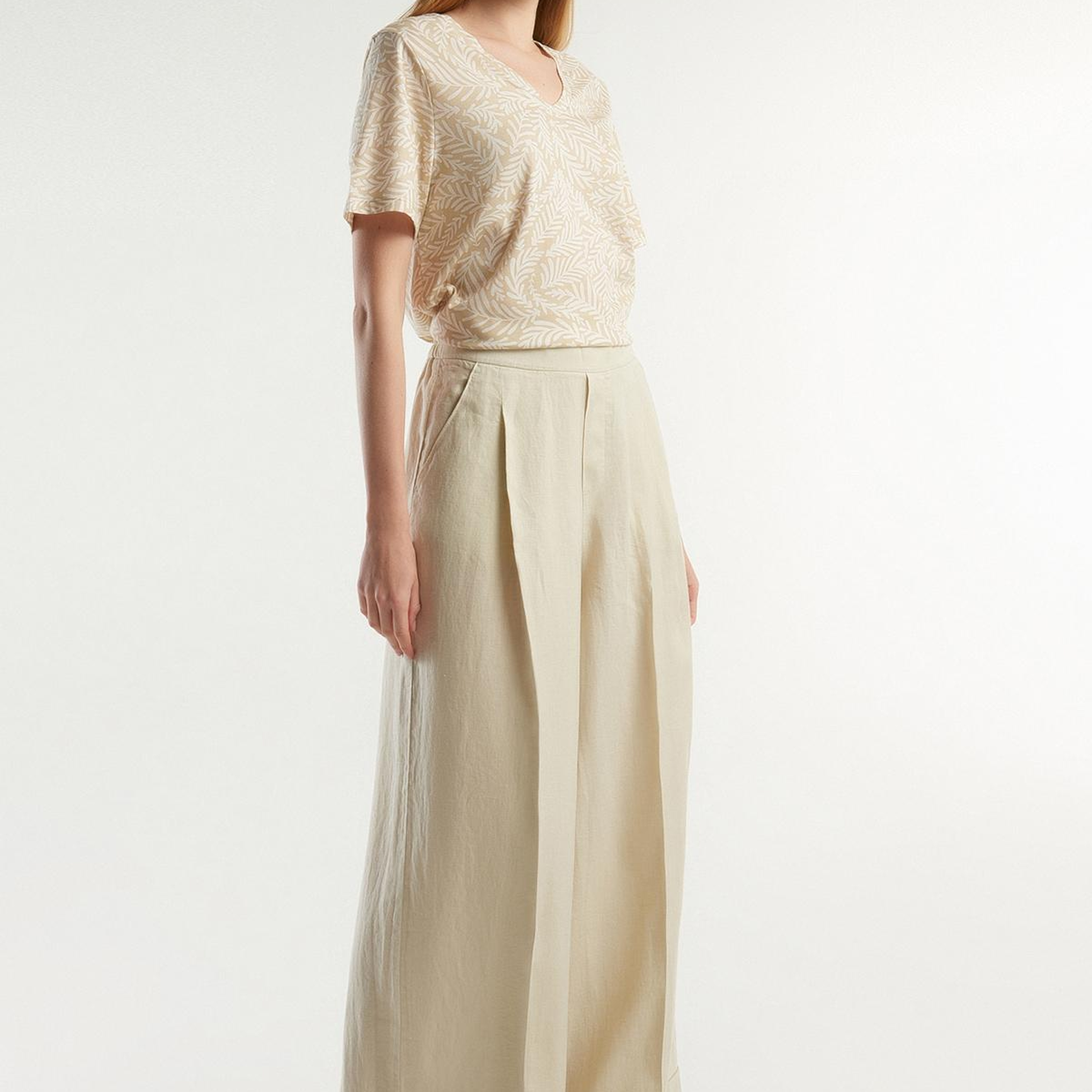 Kadın Bej %100 Keten Beli Lastikli Geniş Kesim Pantolon