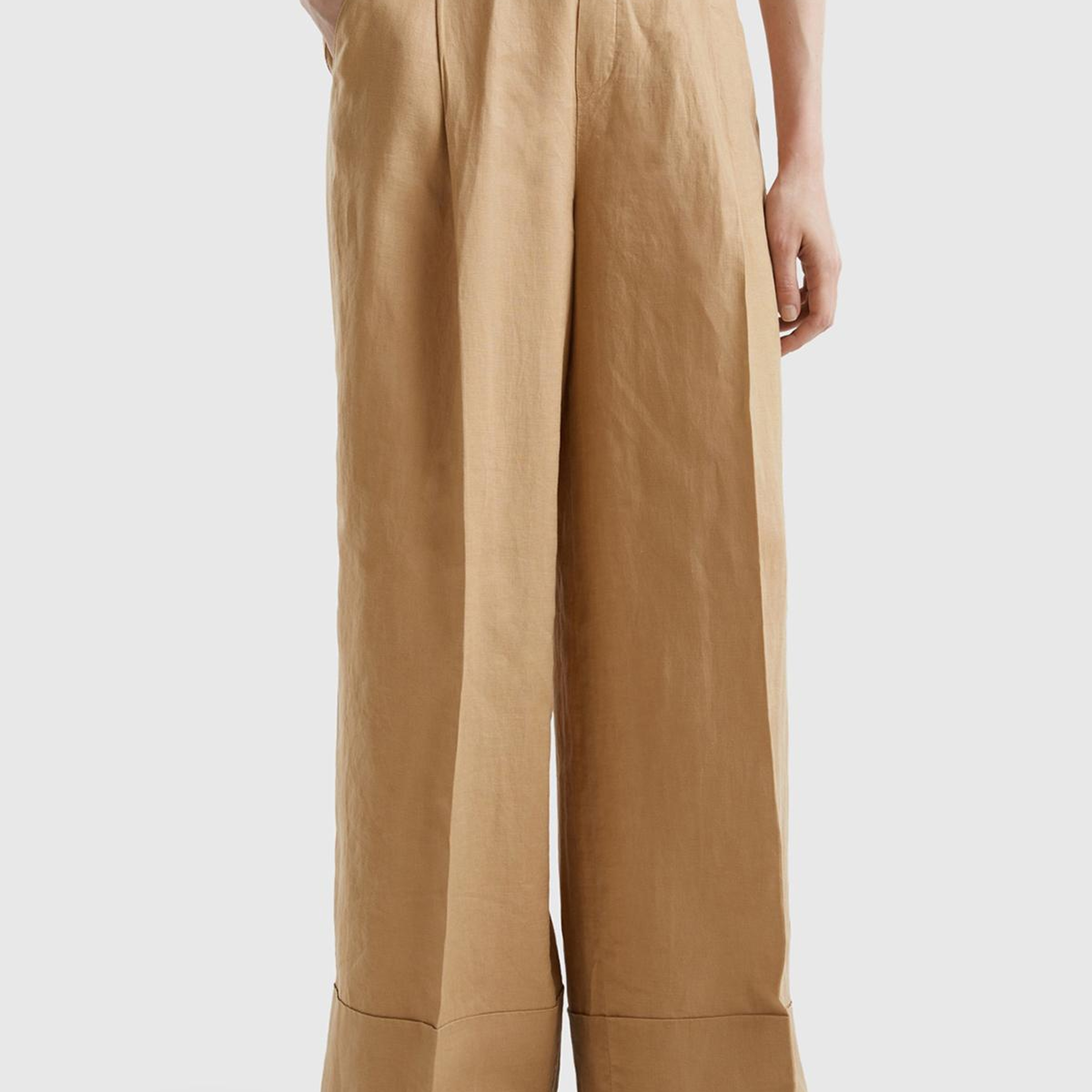 Kadın Taba %100 Keten Beli Lastikli Geniş Kesim Pantolon