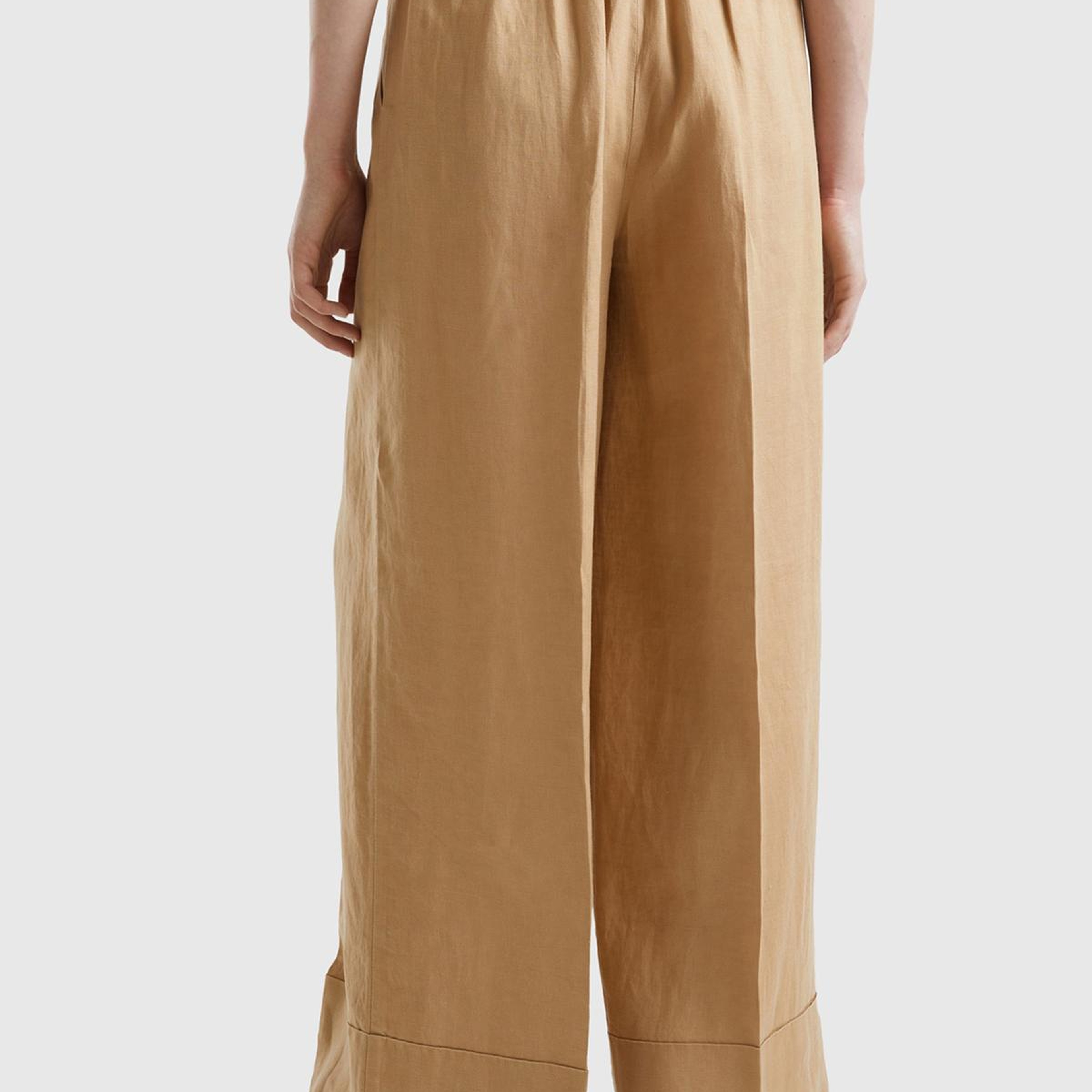 Kadın Taba %100 Keten Beli Lastikli Geniş Kesim Pantolon