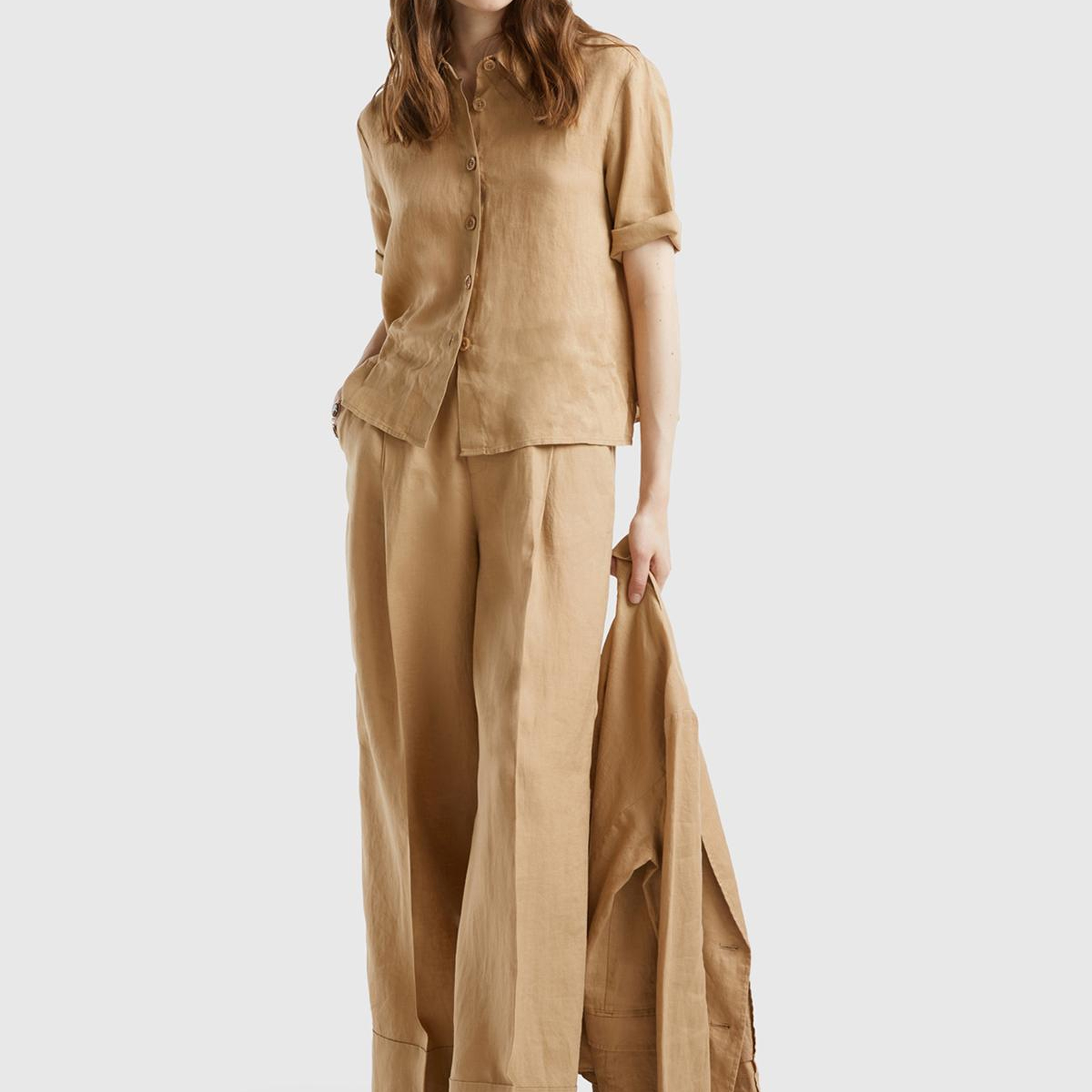 Kadın Taba %100 Keten Beli Lastikli Geniş Kesim Pantolon