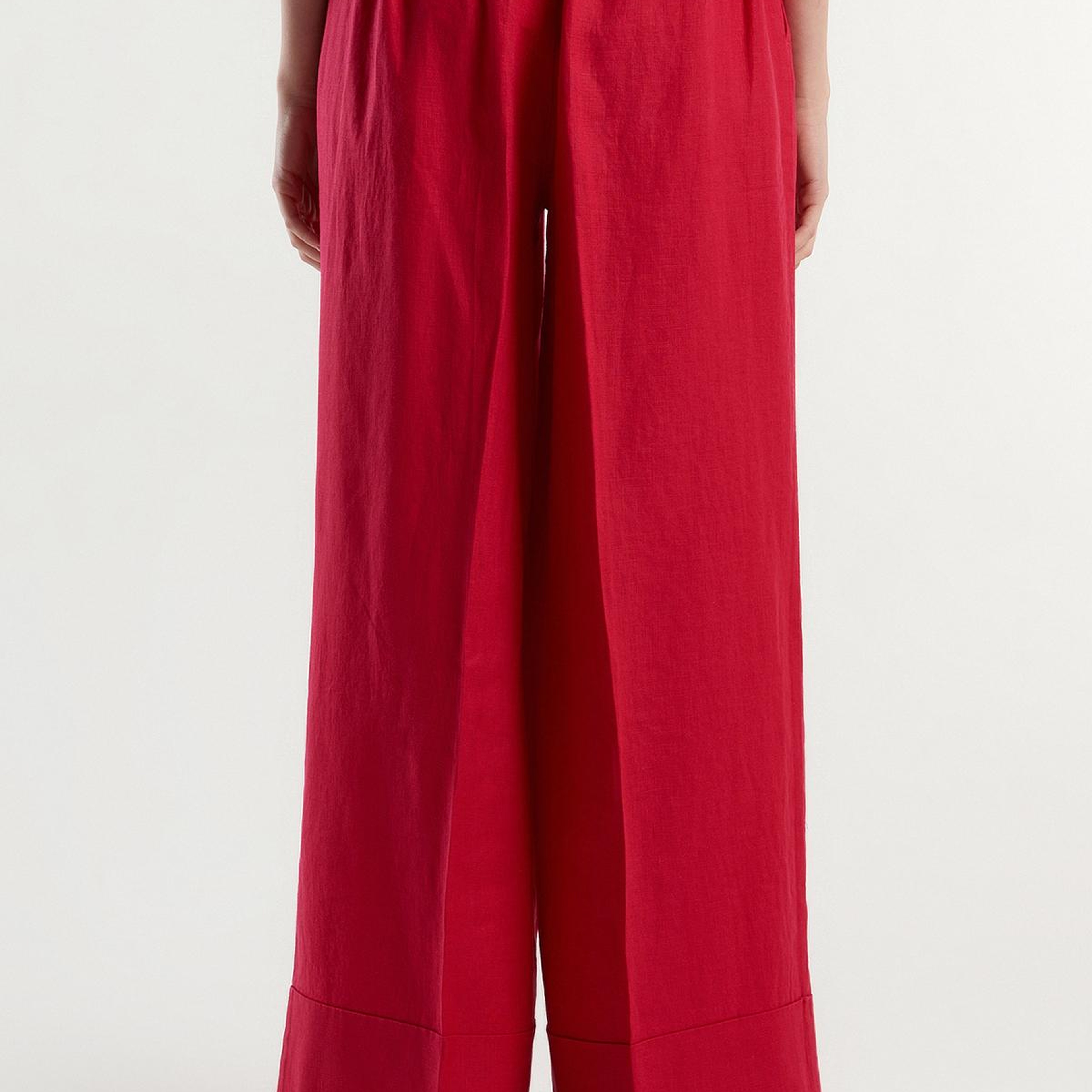 Kadın Fuşya %100 Keten Beli Lastikli Geniş Kesim Pantolon