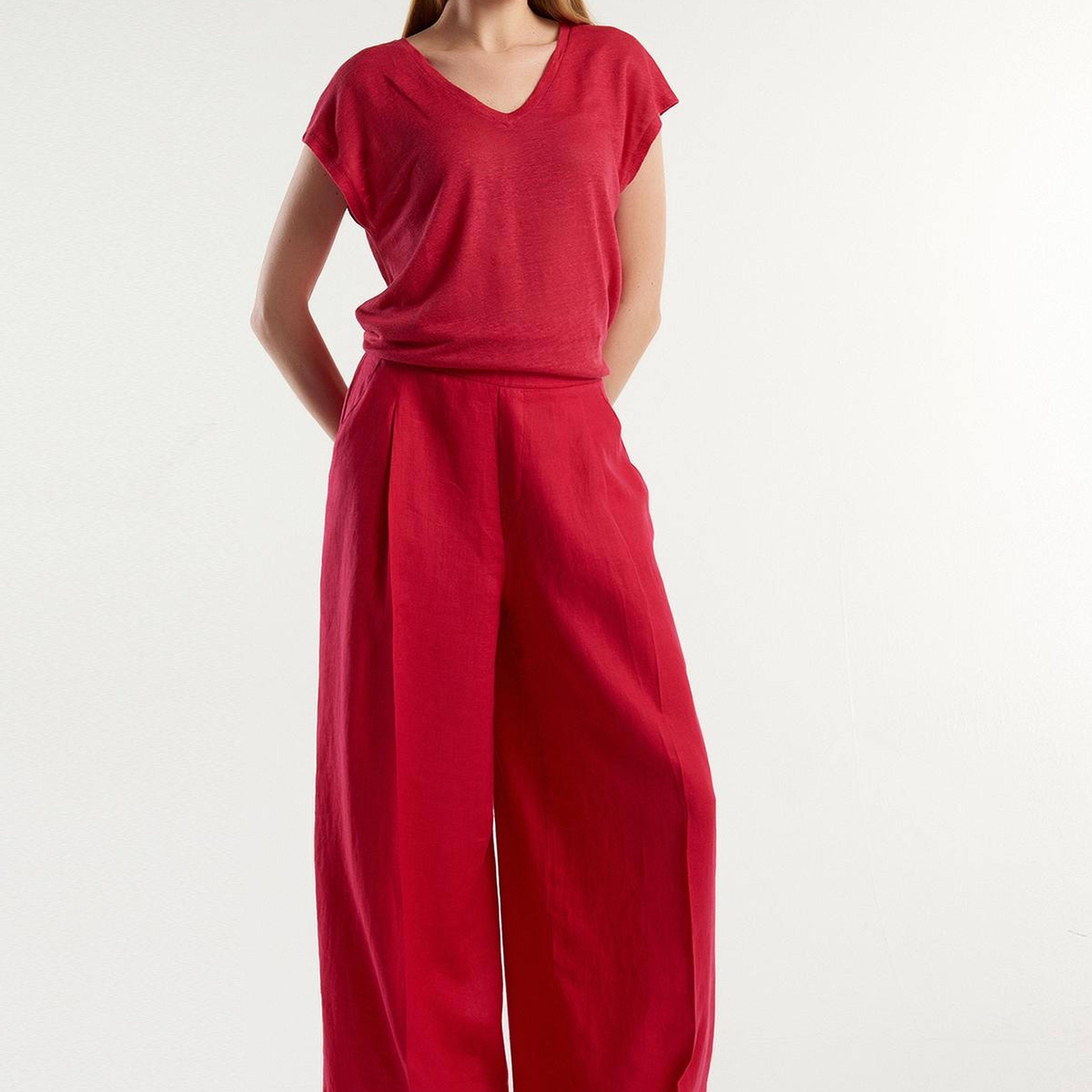 Kadın Fuşya %100 Keten Beli Lastikli Geniş Kesim Pantolon