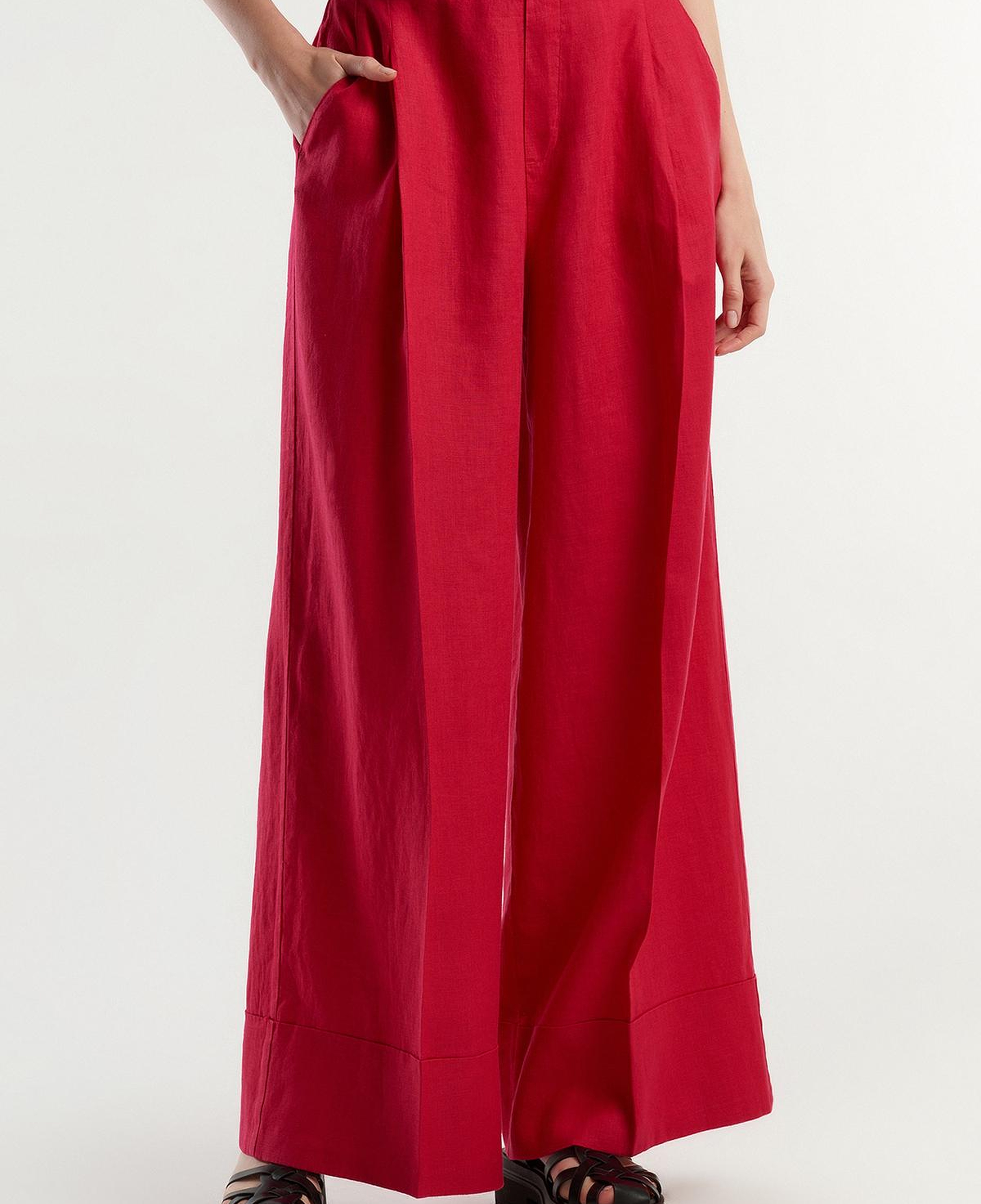 Kadın Fuşya %100 Keten Beli Lastikli Geniş Kesim Pantolon