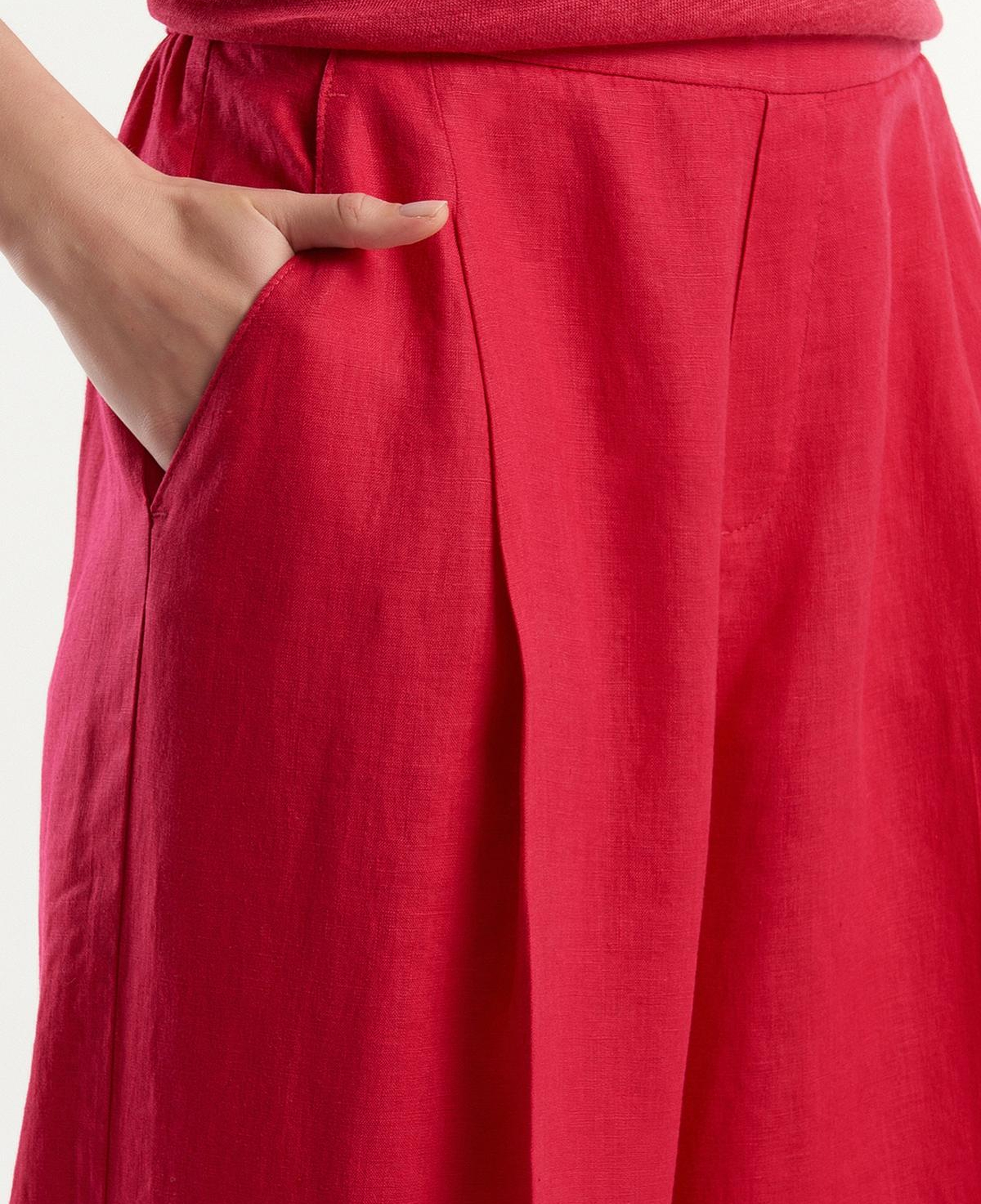 Kadın Fuşya %100 Keten Beli Lastikli Geniş Kesim Pantolon