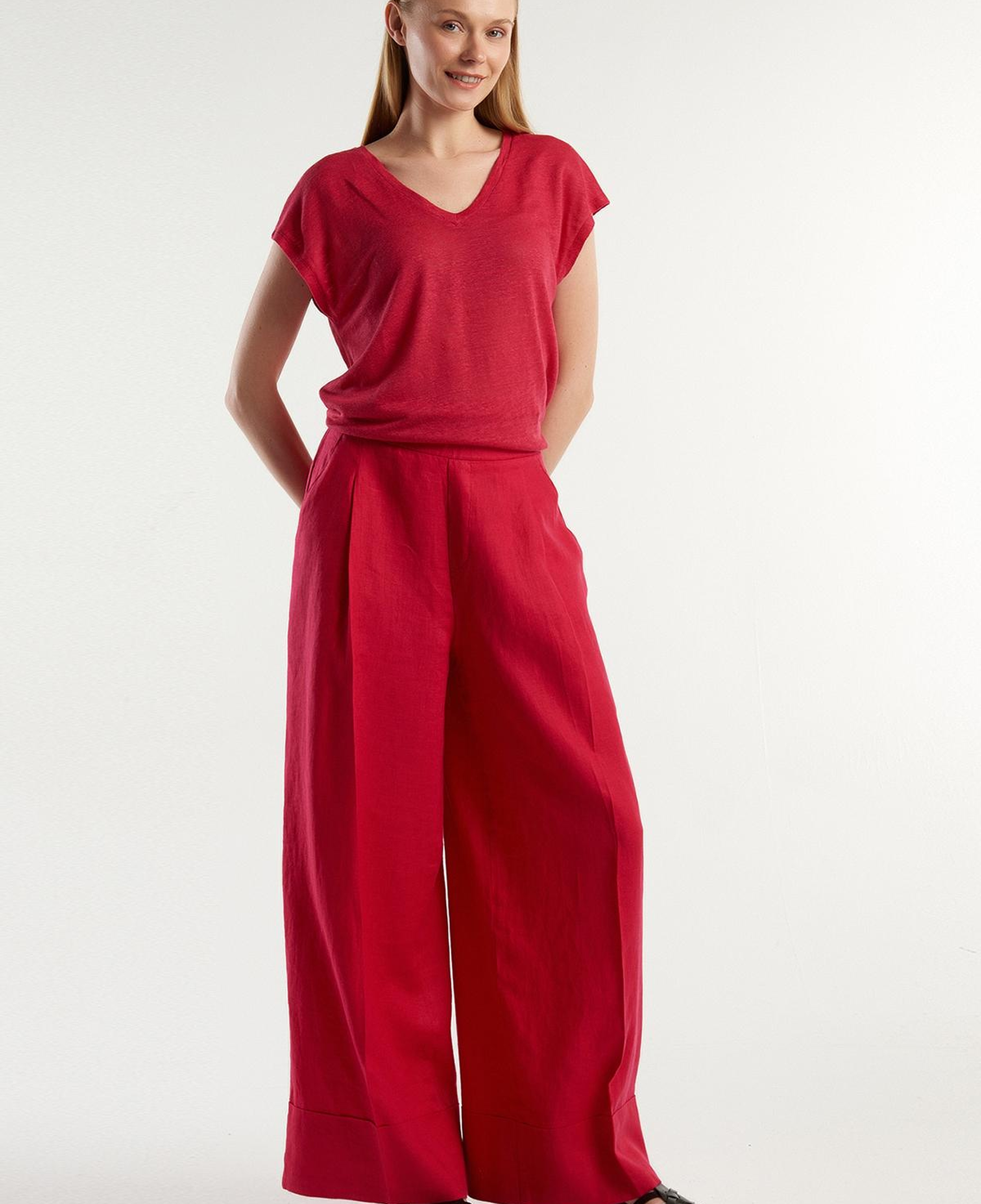 Kadın Fuşya %100 Keten Beli Lastikli Geniş Kesim Pantolon