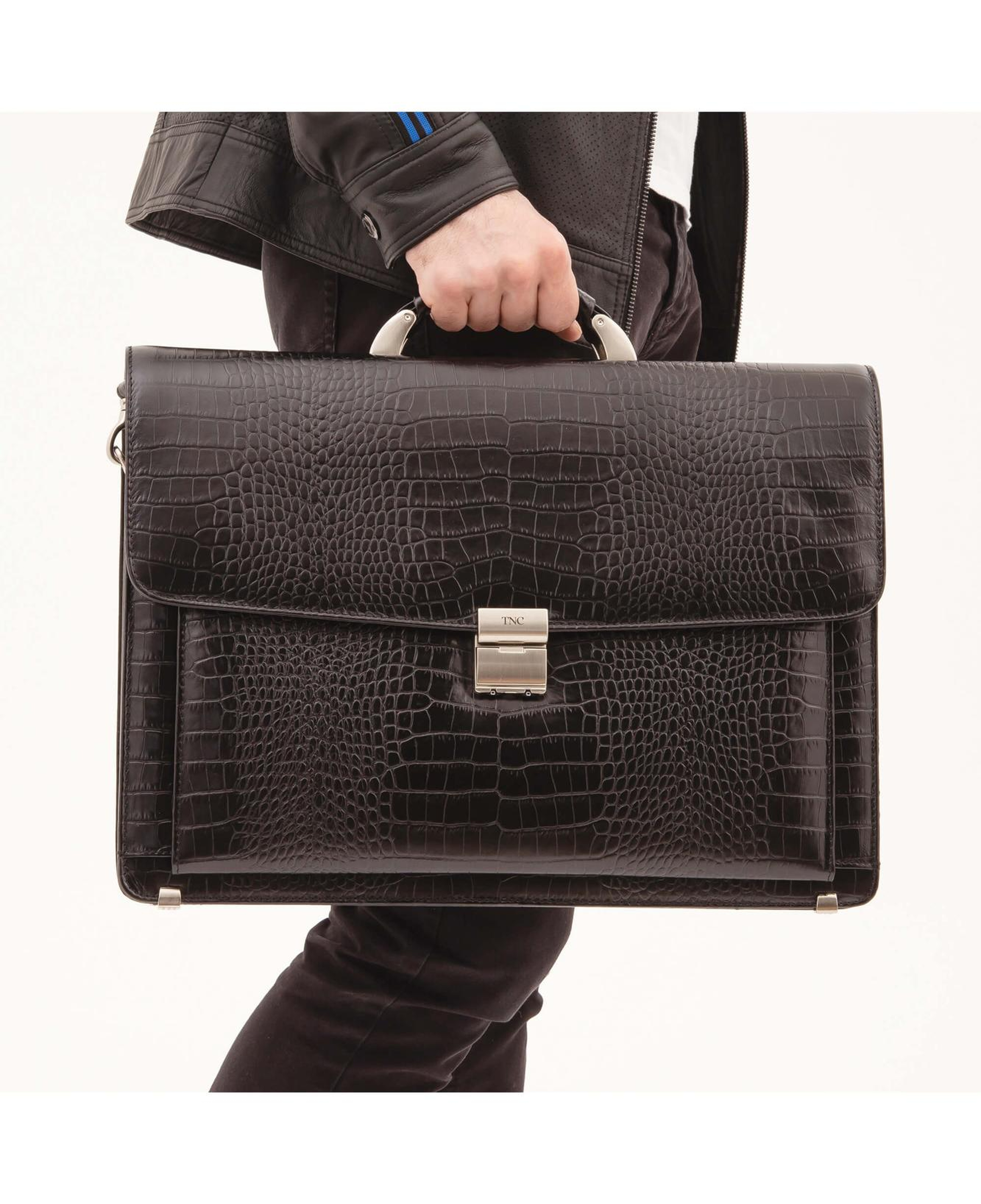 Tamer Tanca Erkek Hakiki Deri Siyah Kroko Evrak Çantası