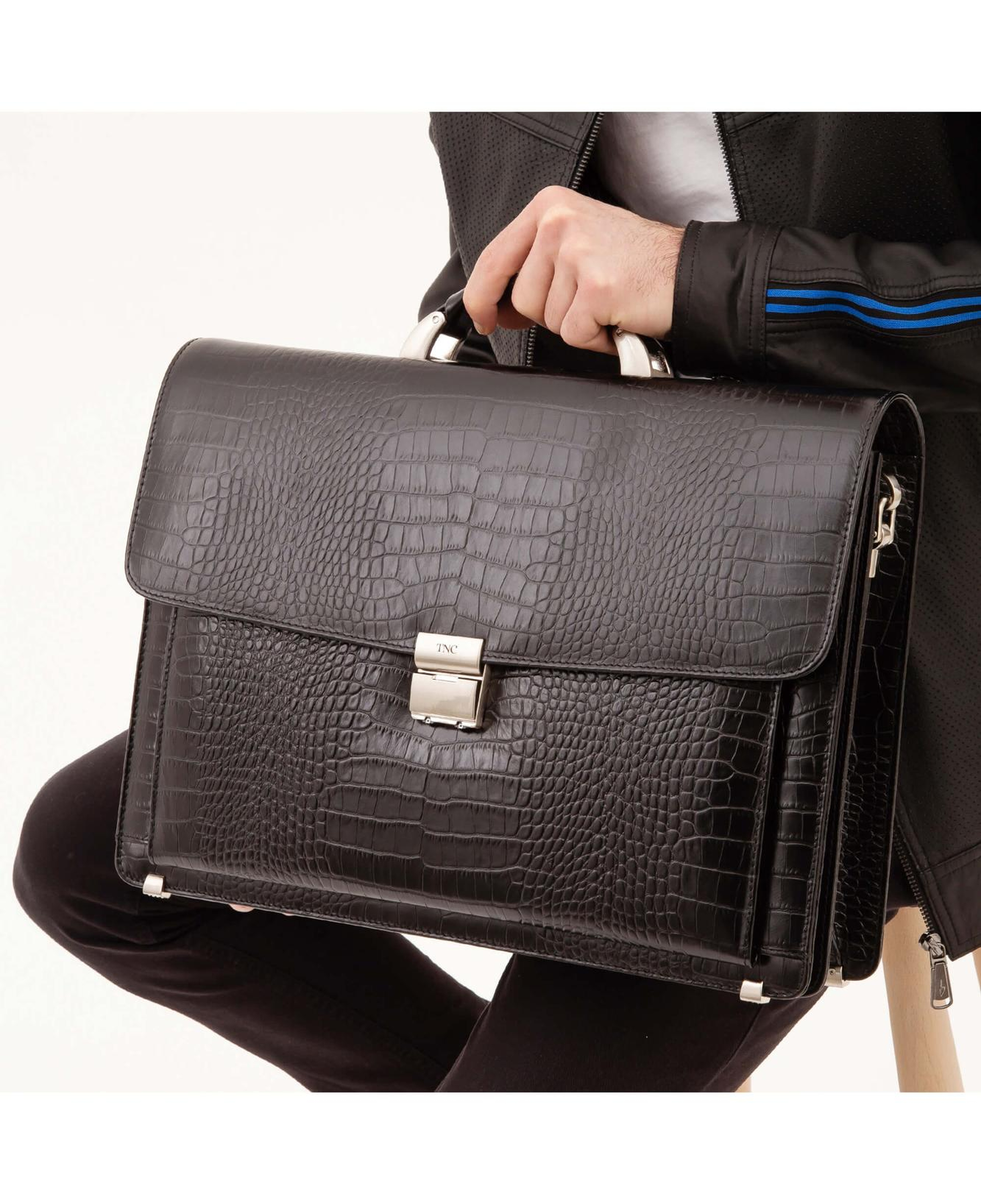 Tamer Tanca Erkek Hakiki Deri Siyah Kroko Evrak Çantası