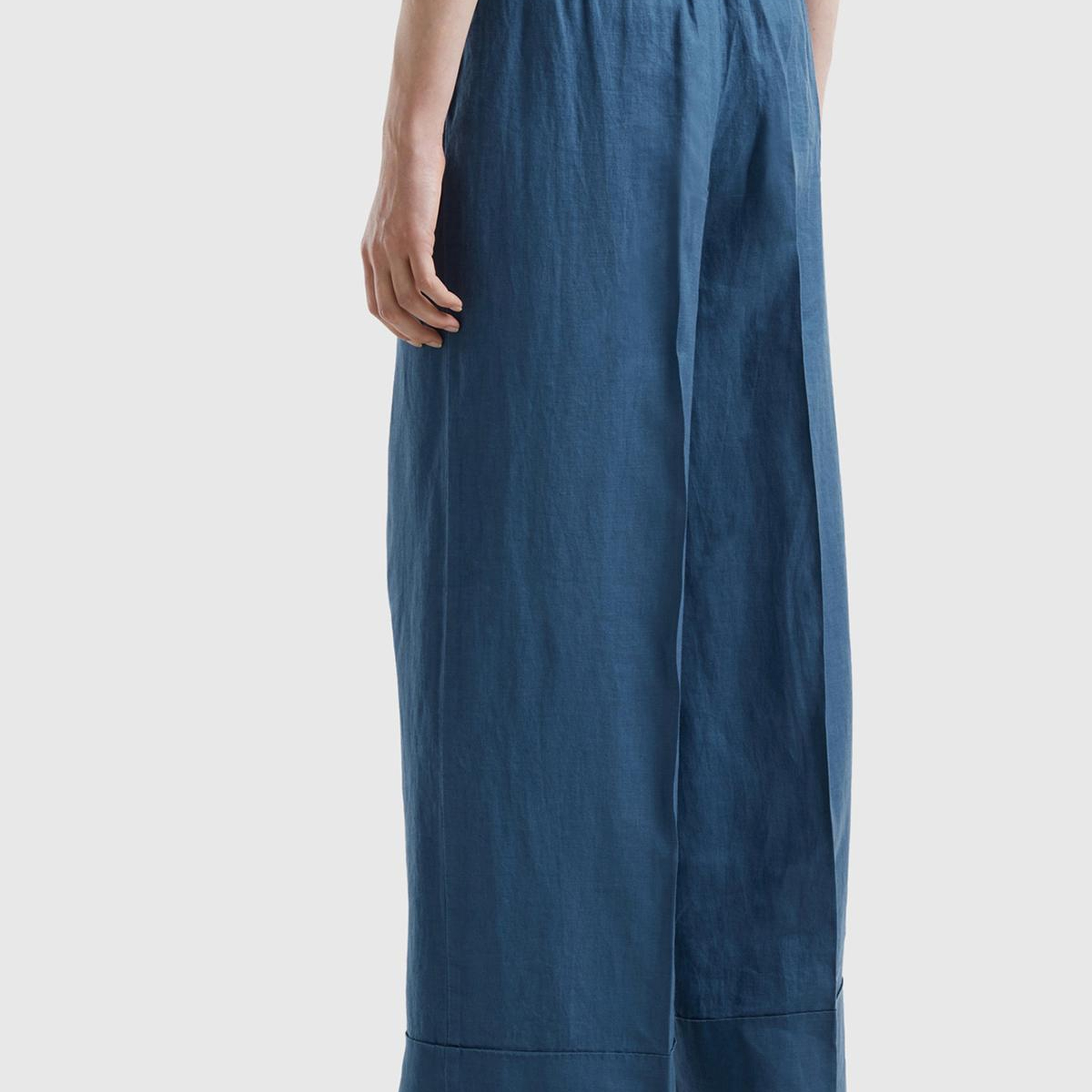 Kadın Gece Mavisi %100 Keten Beli Lastikli Geniş Kesim Pantolon