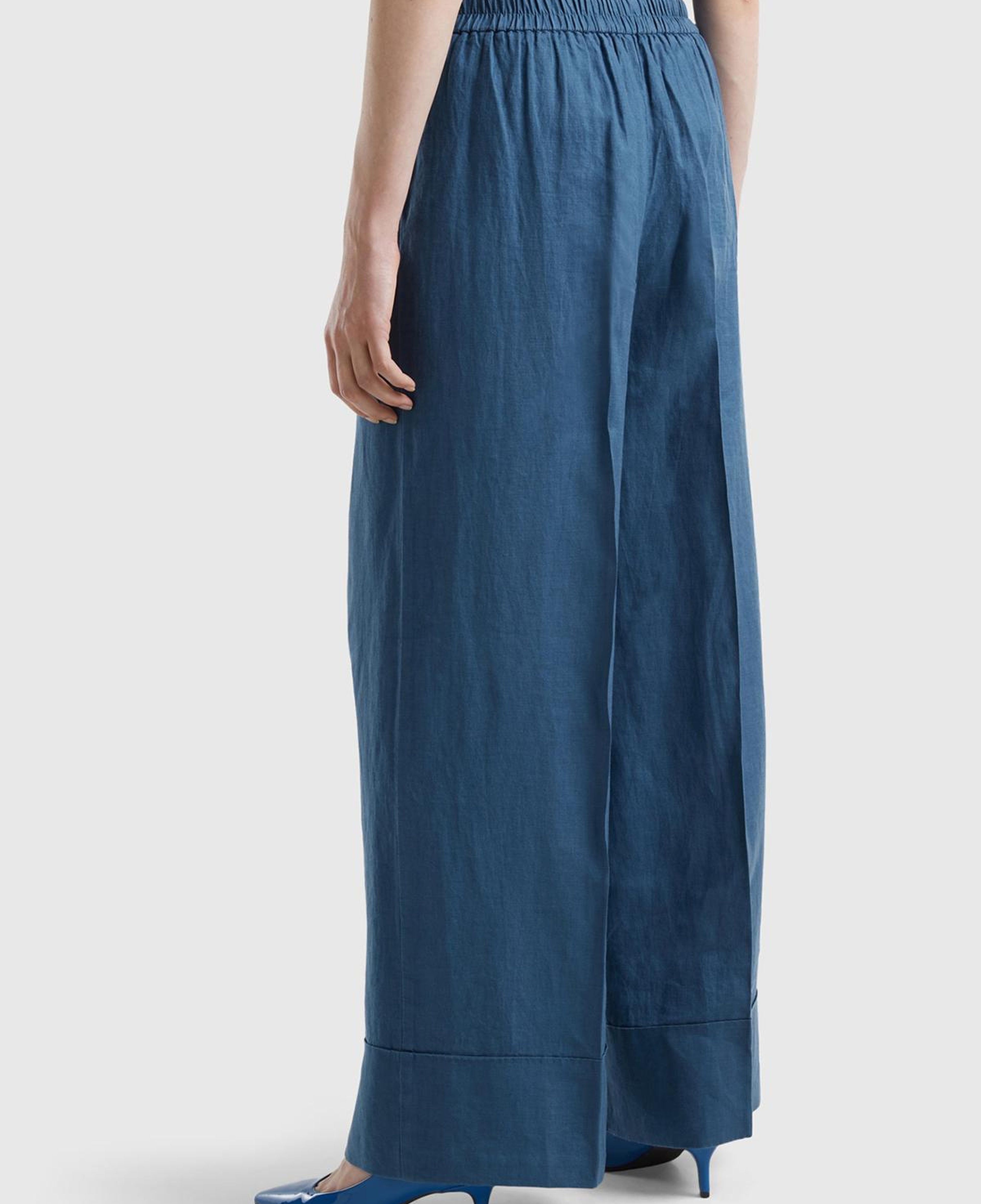 Kadın Gece Mavisi %100 Keten Beli Lastikli Geniş Kesim Pantolon
