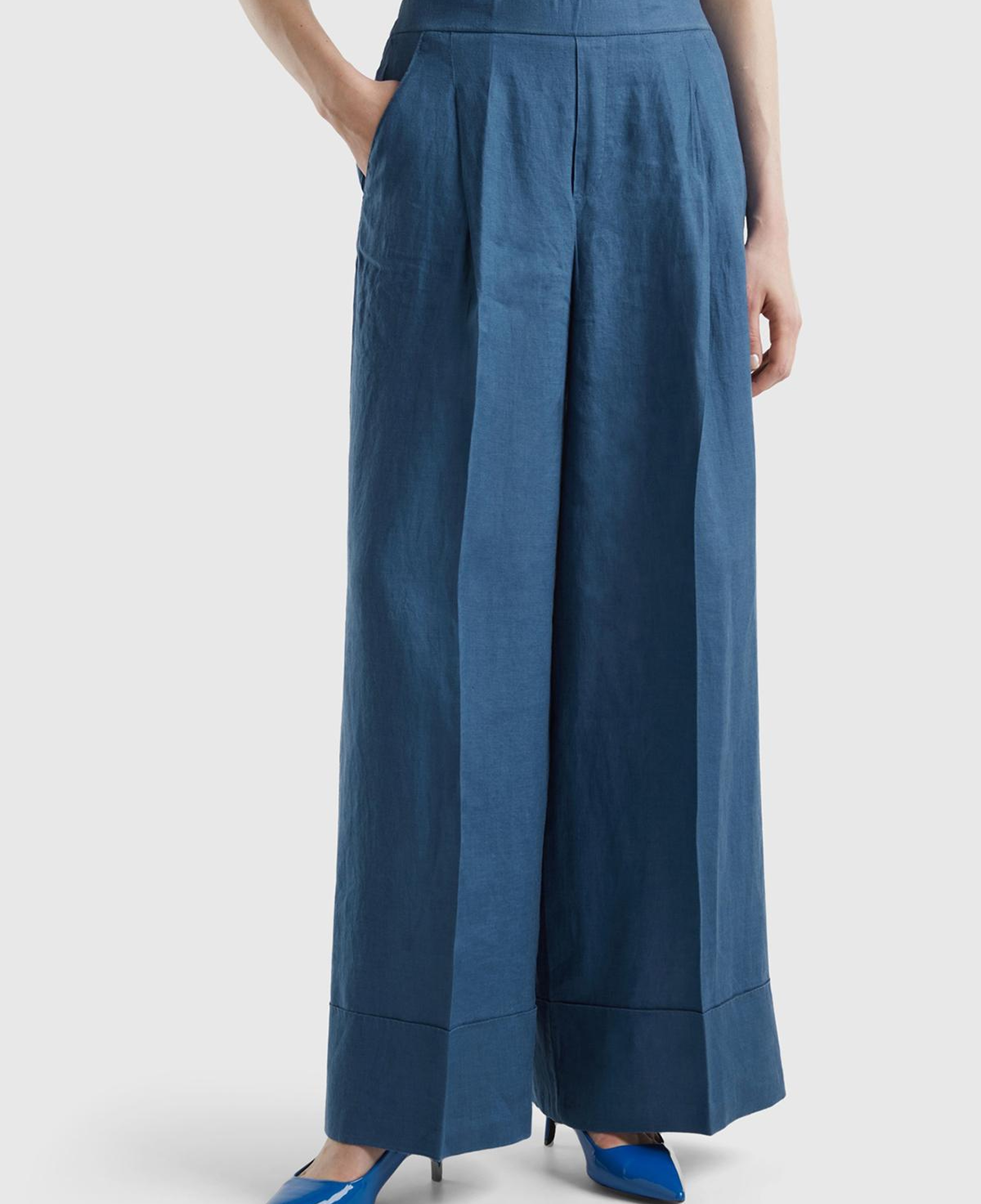 Kadın Gece Mavisi %100 Keten Beli Lastikli Geniş Kesim Pantolon