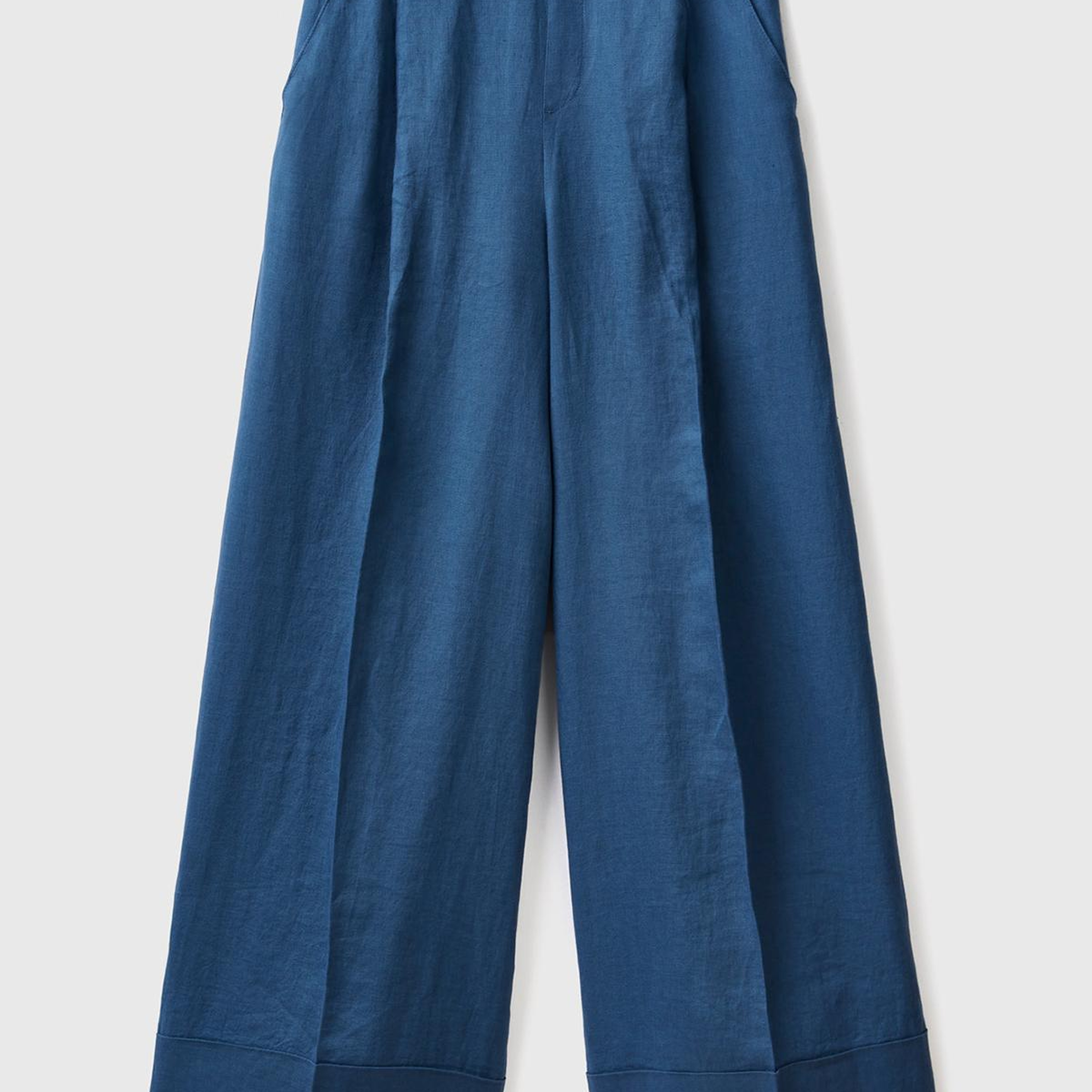 Kadın Gece Mavisi %100 Keten Beli Lastikli Geniş Kesim Pantolon