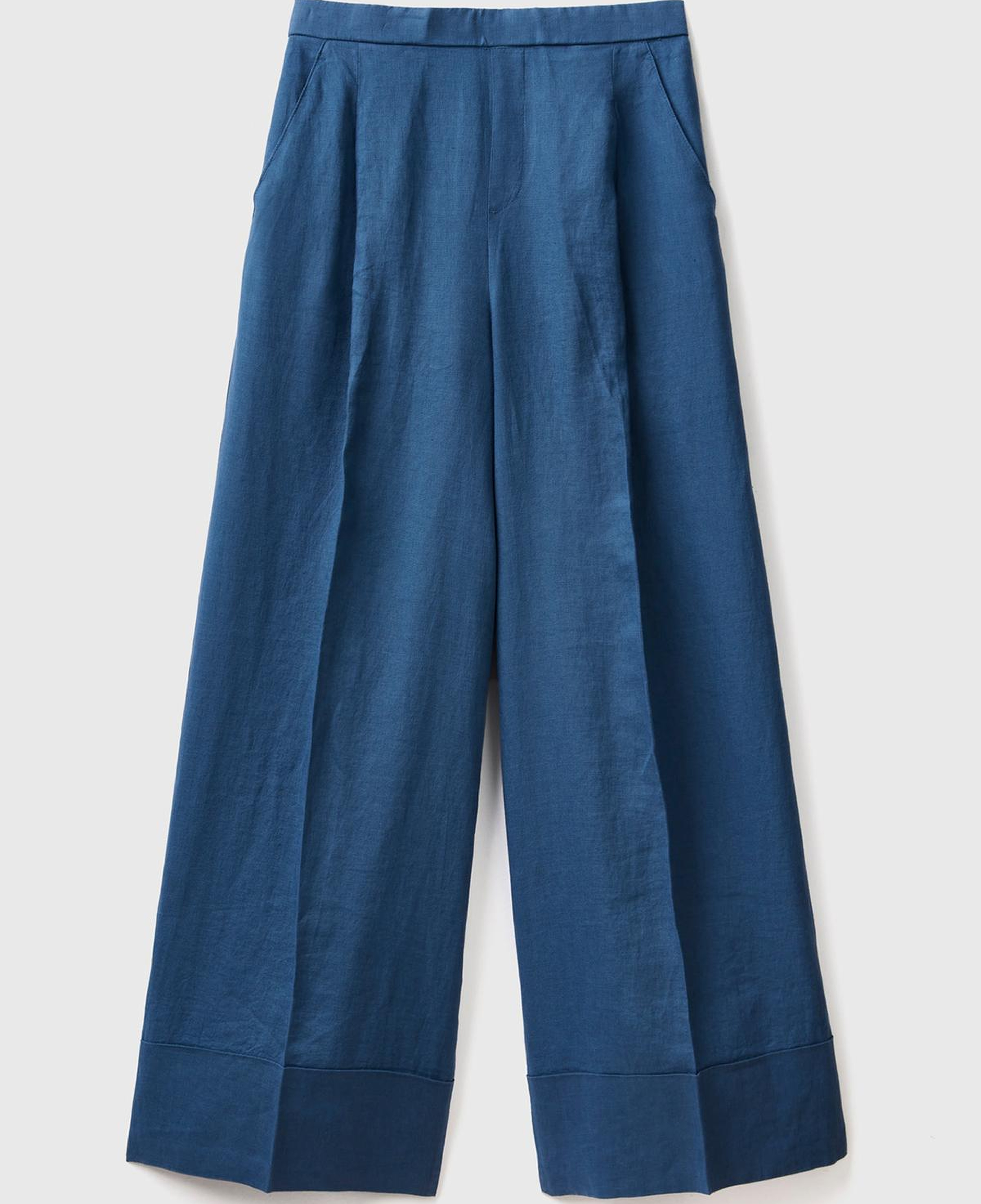 Kadın Gece Mavisi %100 Keten Beli Lastikli Geniş Kesim Pantolon