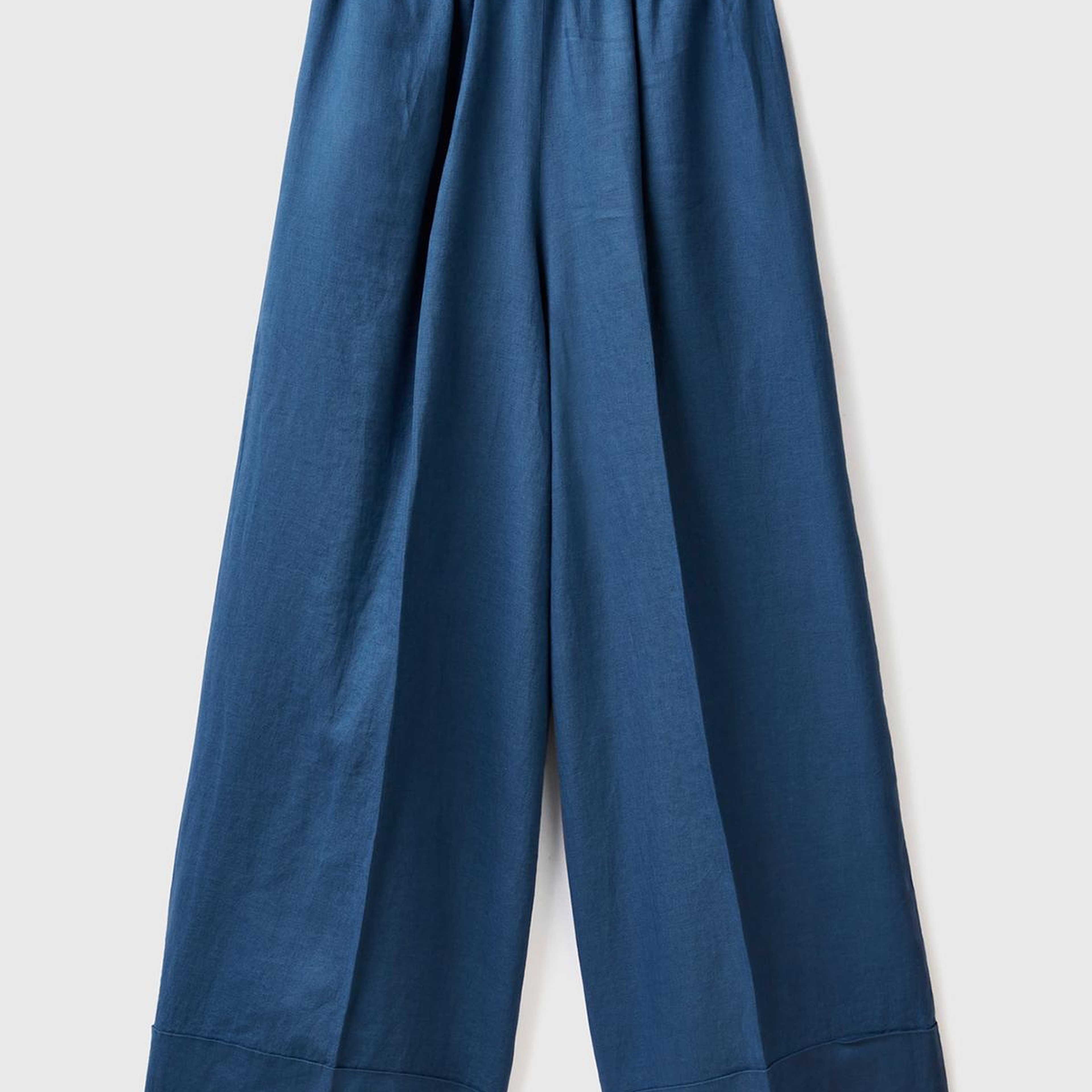 Kadın Gece Mavisi %100 Keten Beli Lastikli Geniş Kesim Pantolon