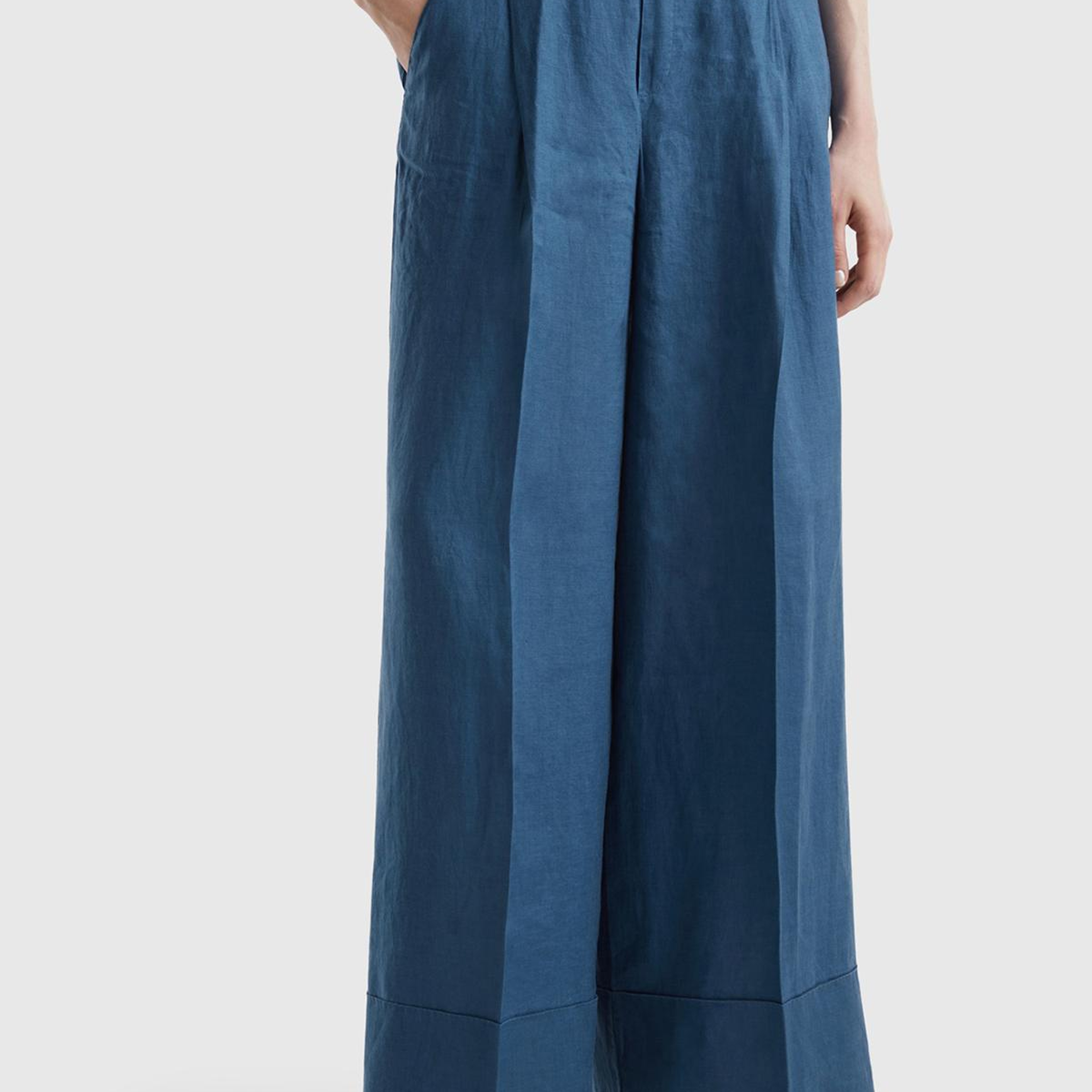 Kadın Gece Mavisi %100 Keten Beli Lastikli Geniş Kesim Pantolon