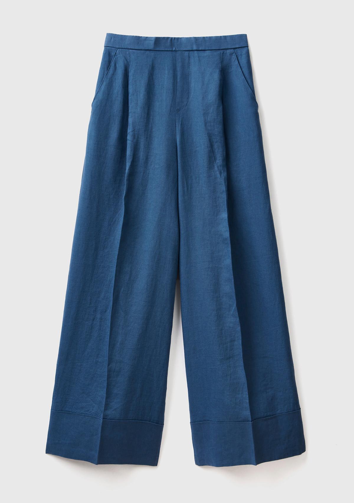 Kadın Gece Mavisi %100 Keten Beli Lastikli Geniş Kesim Pantolon