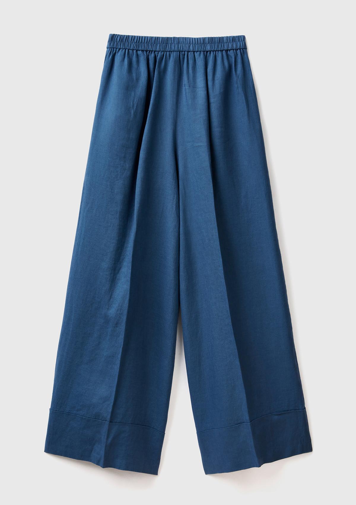 Kadın Gece Mavisi %100 Keten Beli Lastikli Geniş Kesim Pantolon