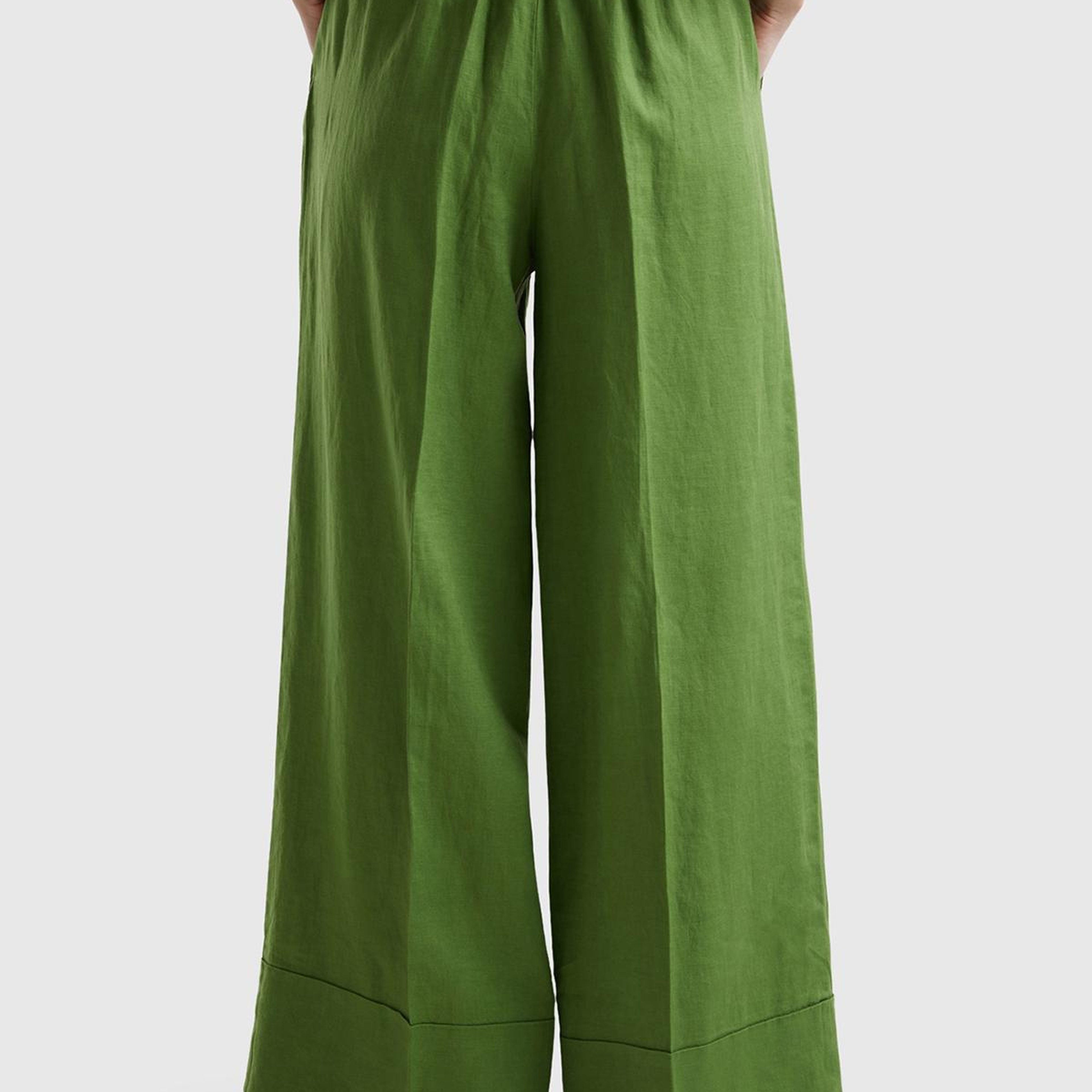 Kadın Soluk Yeşil %100 Keten Beli Lastikli Geniş Kesim Pantolon