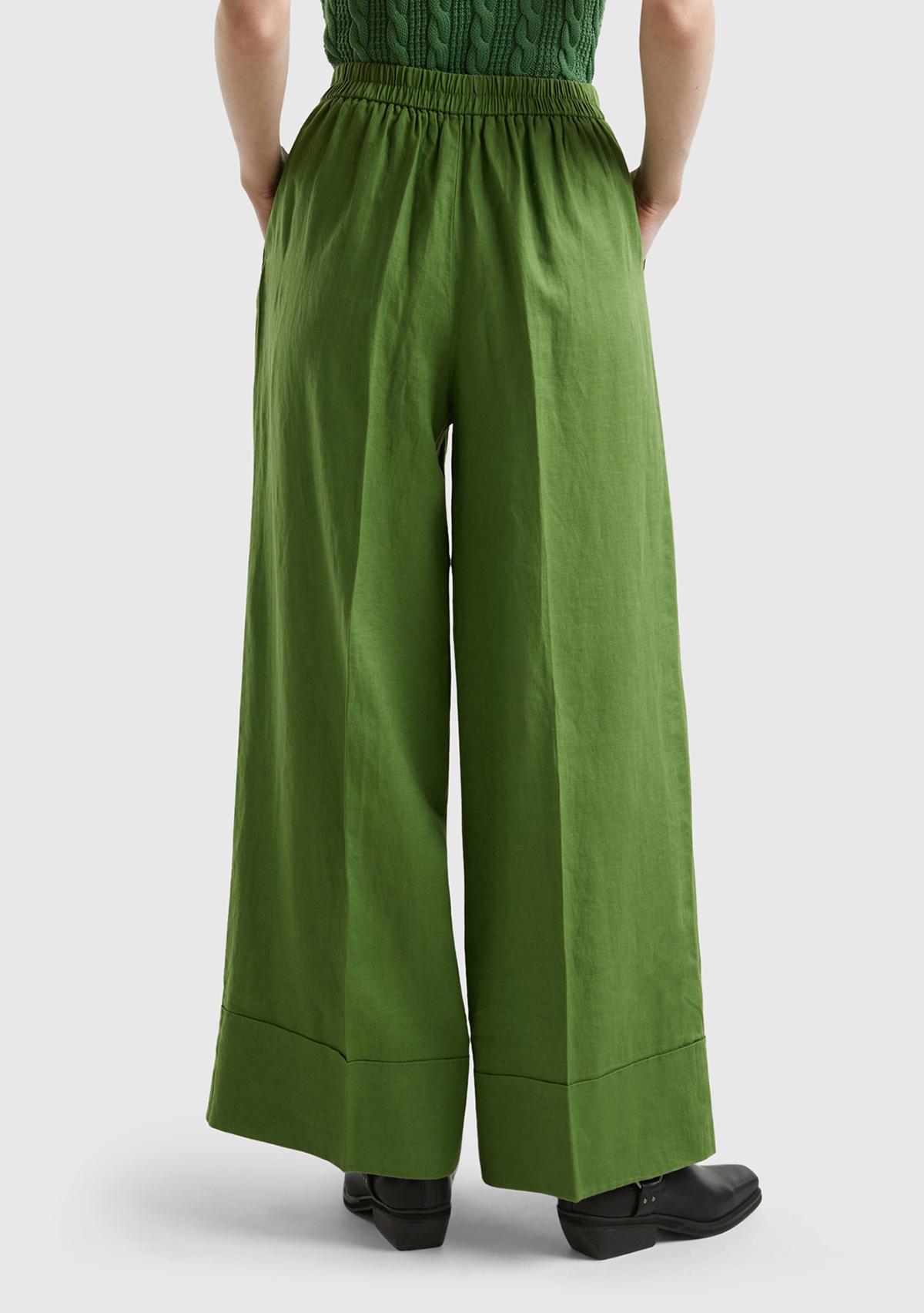 Kadın Soluk Yeşil %100 Keten Beli Lastikli Geniş Kesim Pantolon