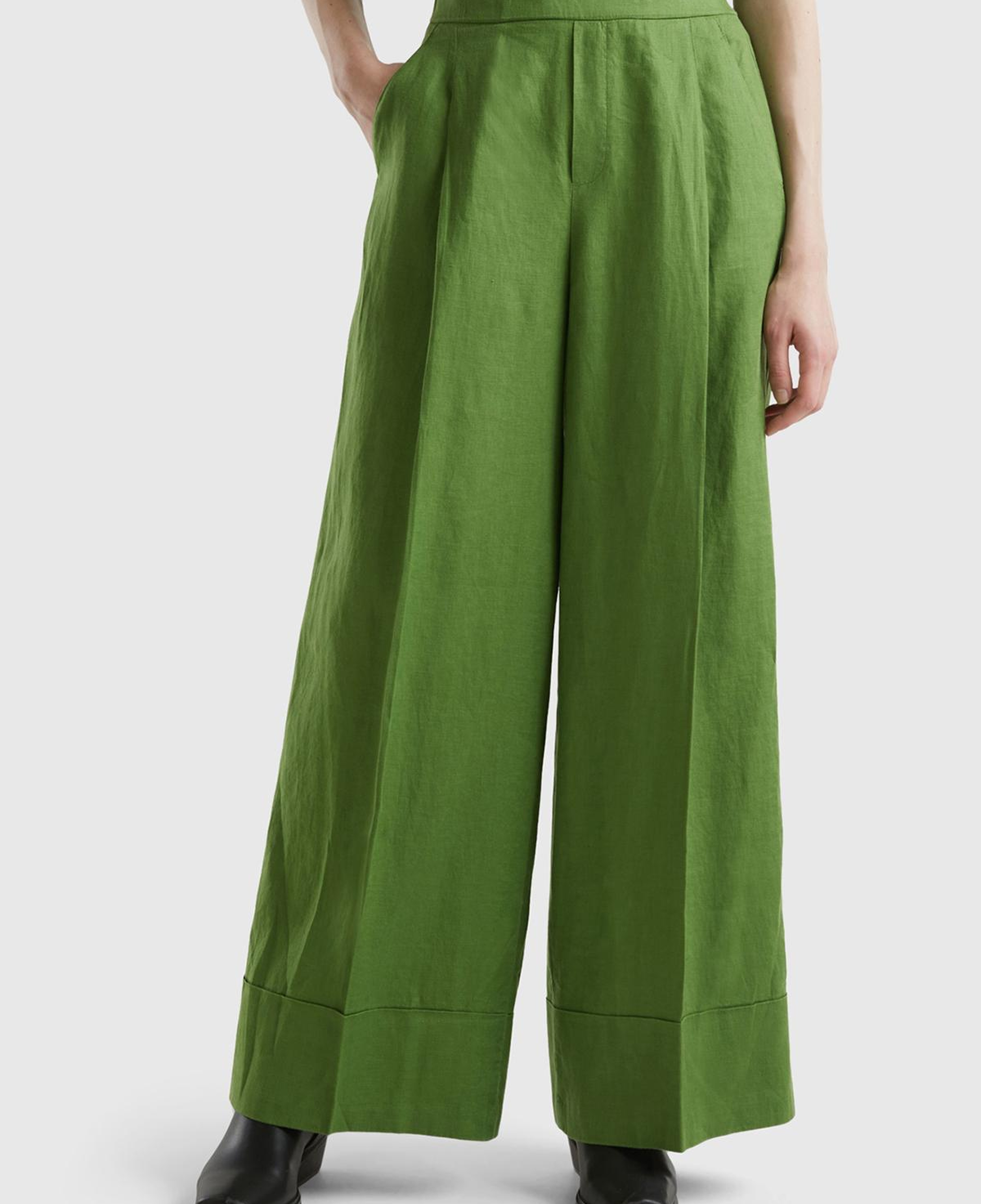 Kadın Soluk Yeşil %100 Keten Beli Lastikli Geniş Kesim Pantolon