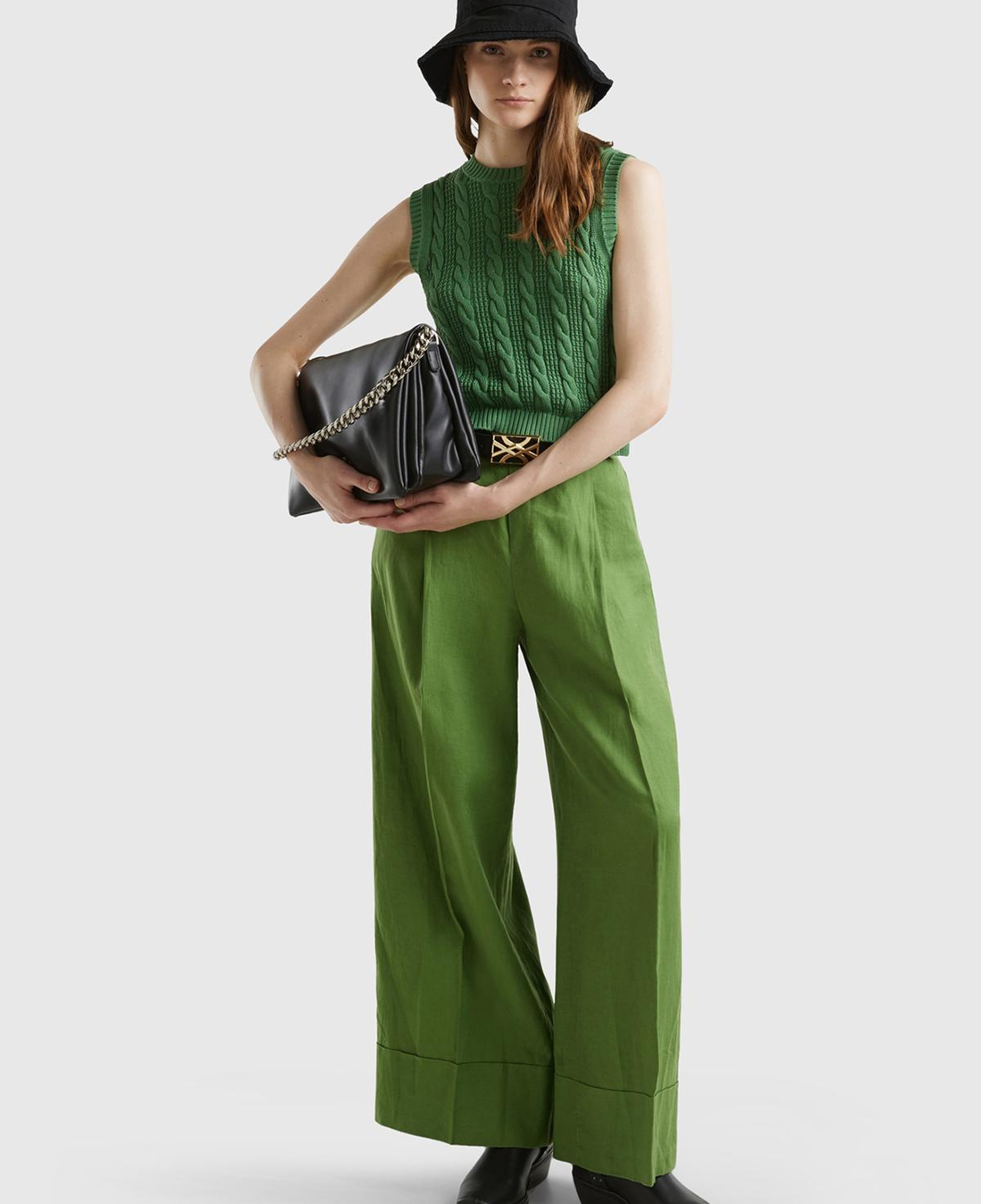 Kadın Soluk Yeşil %100 Keten Beli Lastikli Geniş Kesim Pantolon