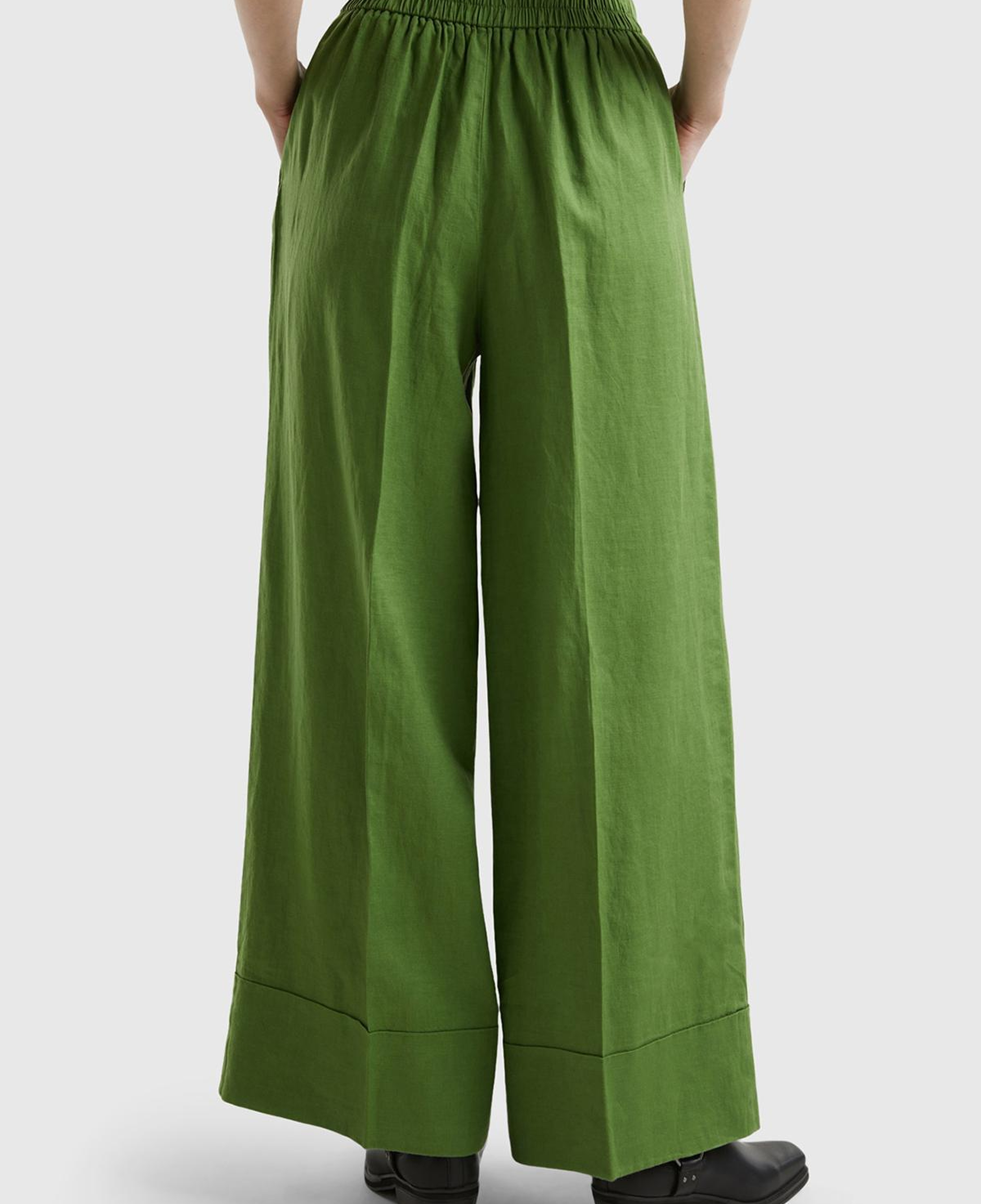 Kadın Soluk Yeşil %100 Keten Beli Lastikli Geniş Kesim Pantolon