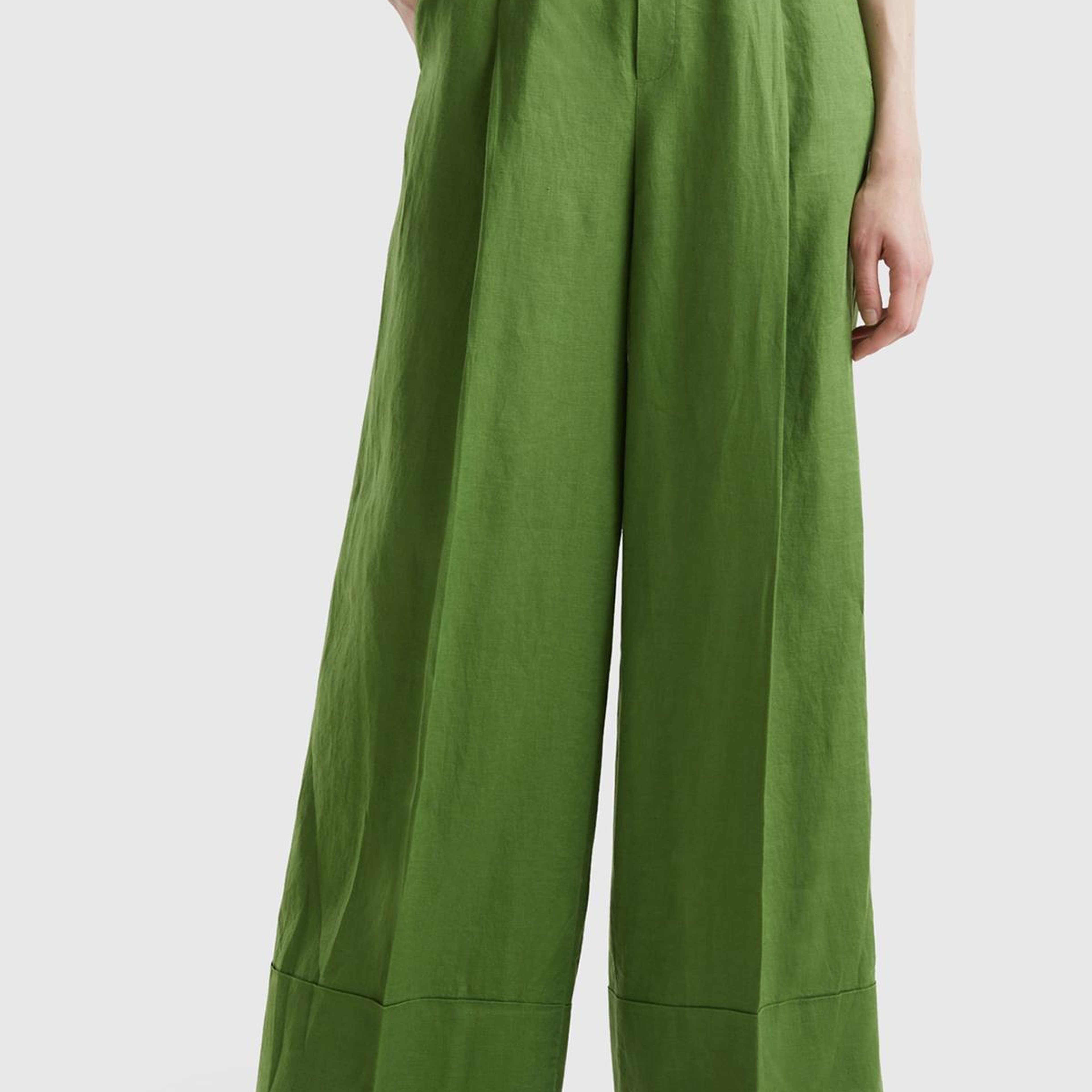 Kadın Soluk Yeşil %100 Keten Beli Lastikli Geniş Kesim Pantolon