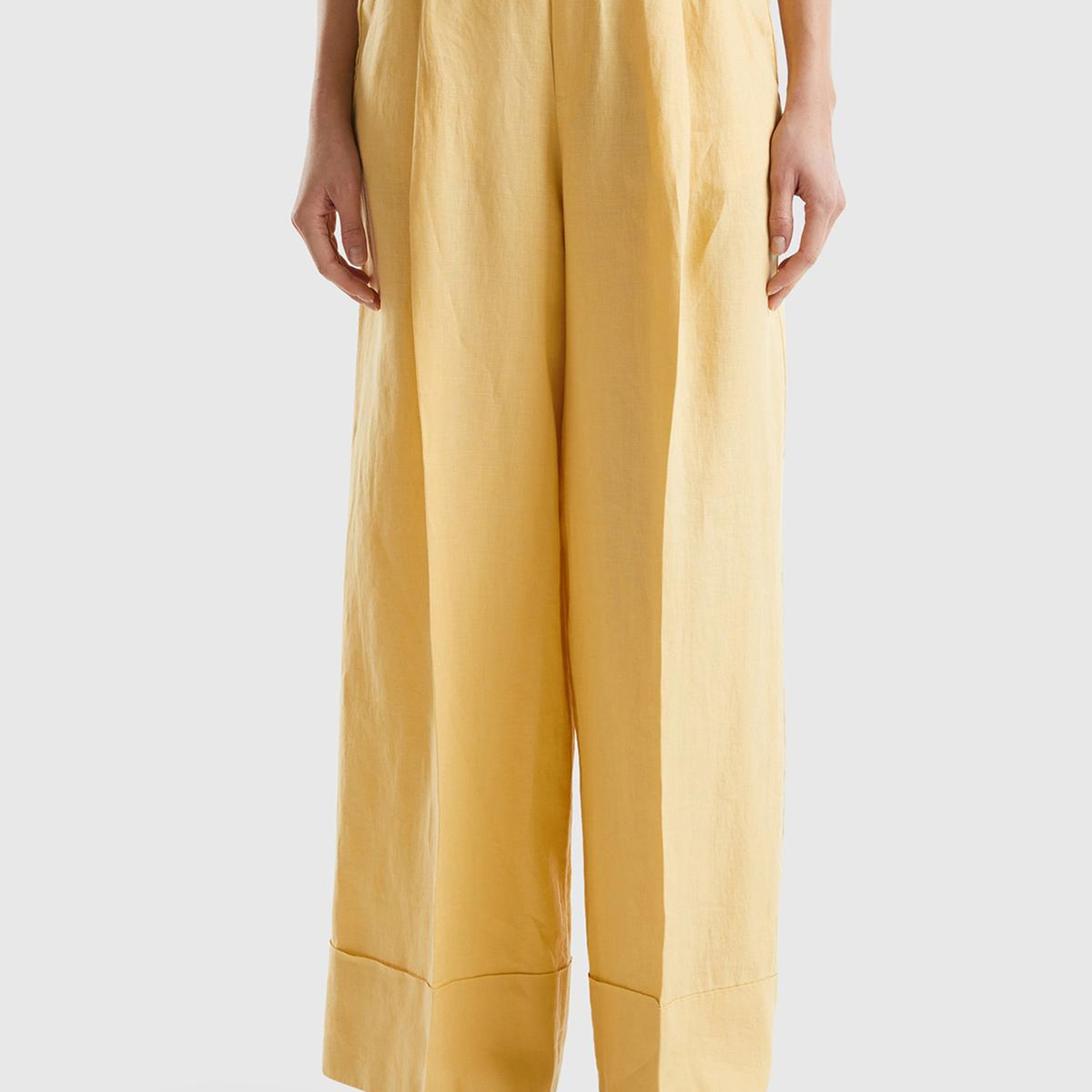 Kadın Açık Sarı %100 Keten Beli Lastikli Geniş Kesim Pantolon