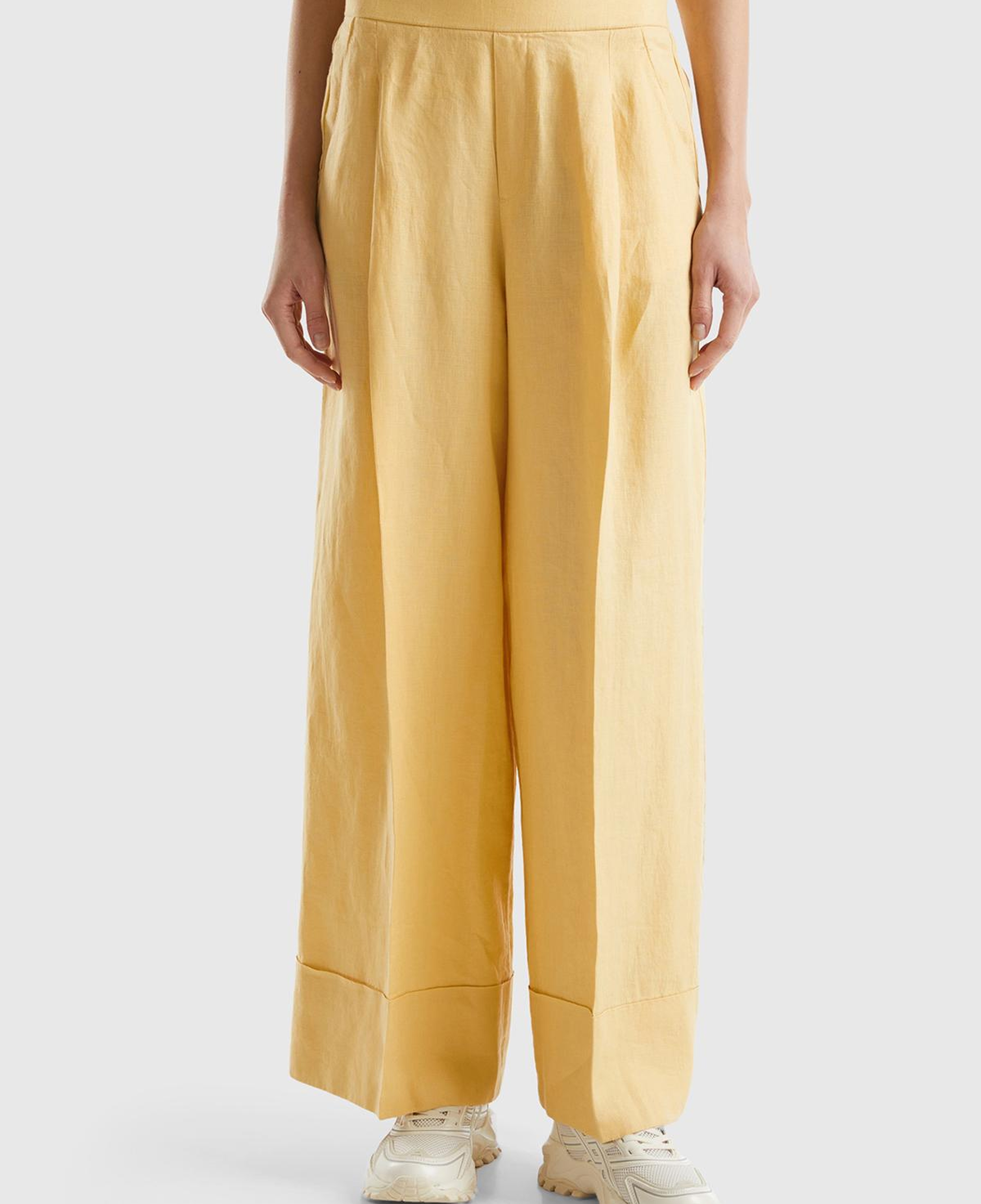 Kadın Açık Sarı %100 Keten Beli Lastikli Geniş Kesim Pantolon