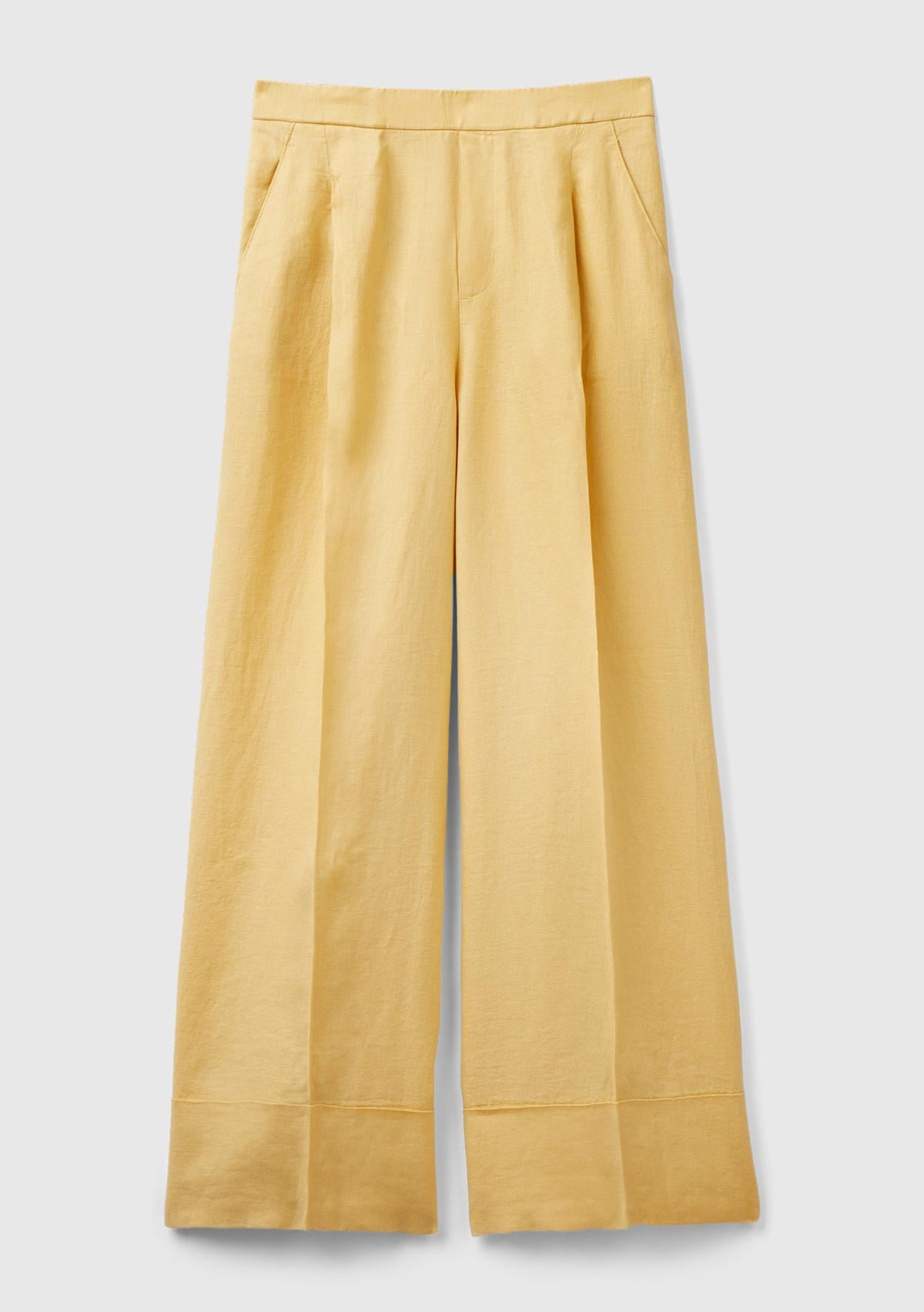 Kadın Açık Sarı %100 Keten Beli Lastikli Geniş Kesim Pantolon
