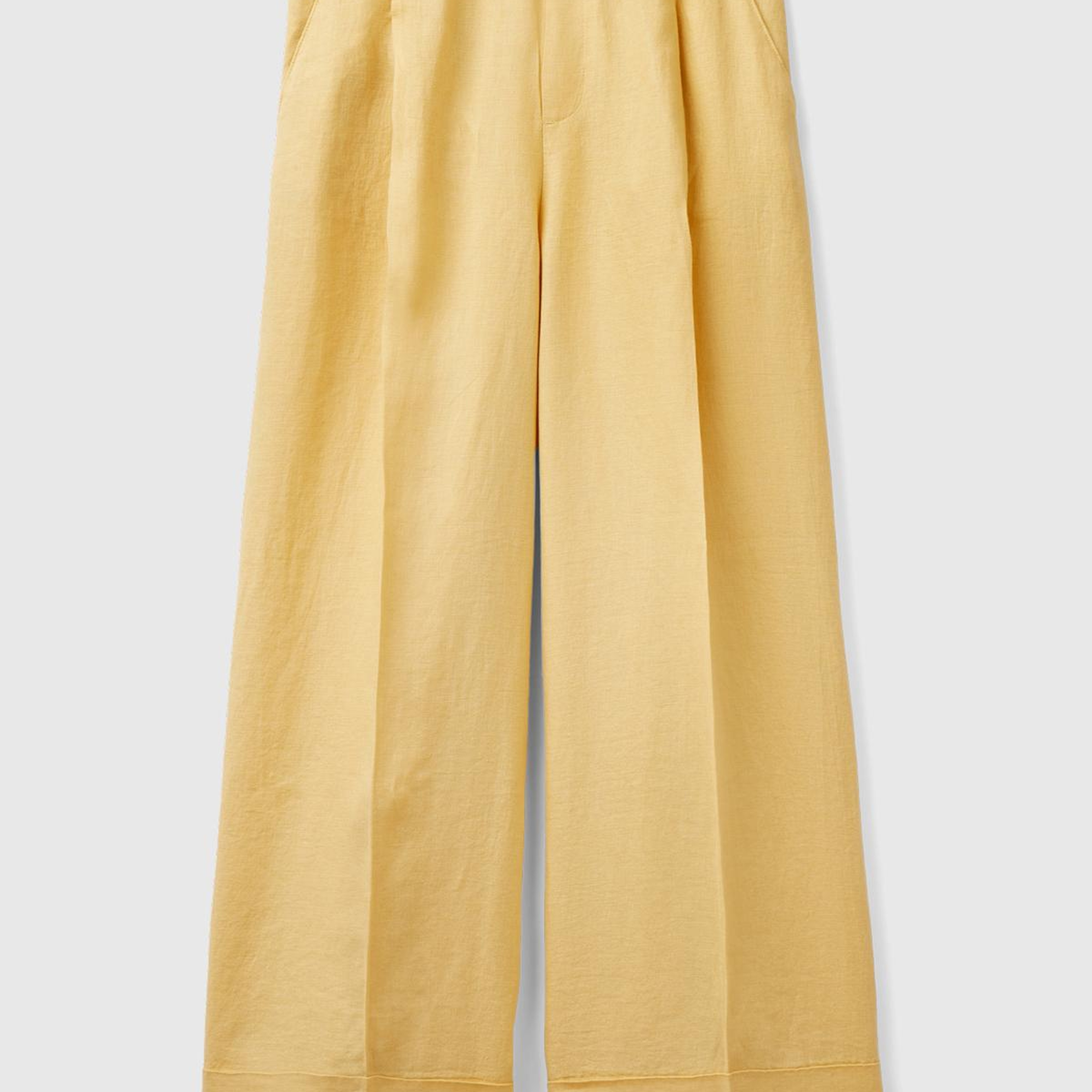 Kadın Açık Sarı %100 Keten Beli Lastikli Geniş Kesim Pantolon