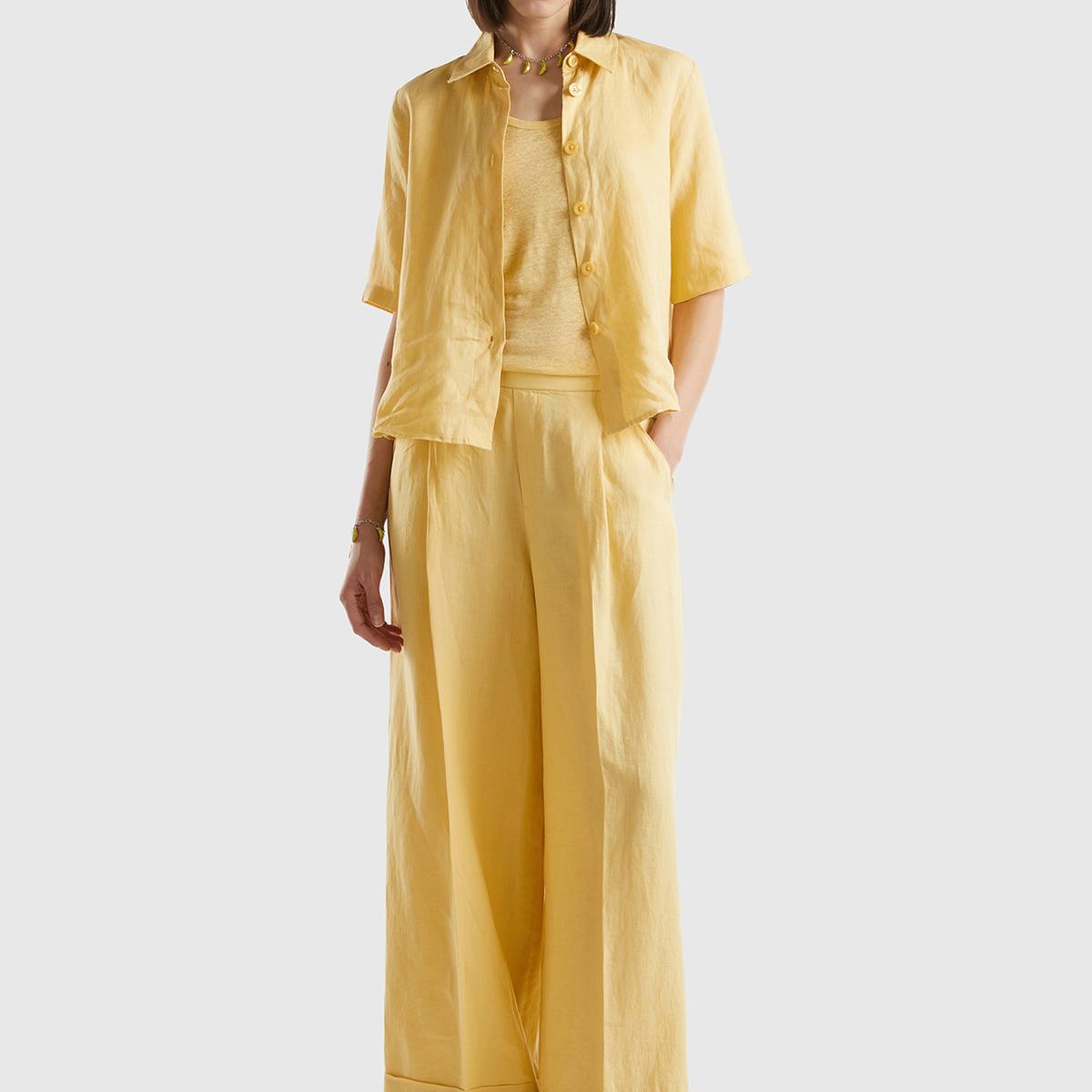 Kadın Açık Sarı %100 Keten Beli Lastikli Geniş Kesim Pantolon