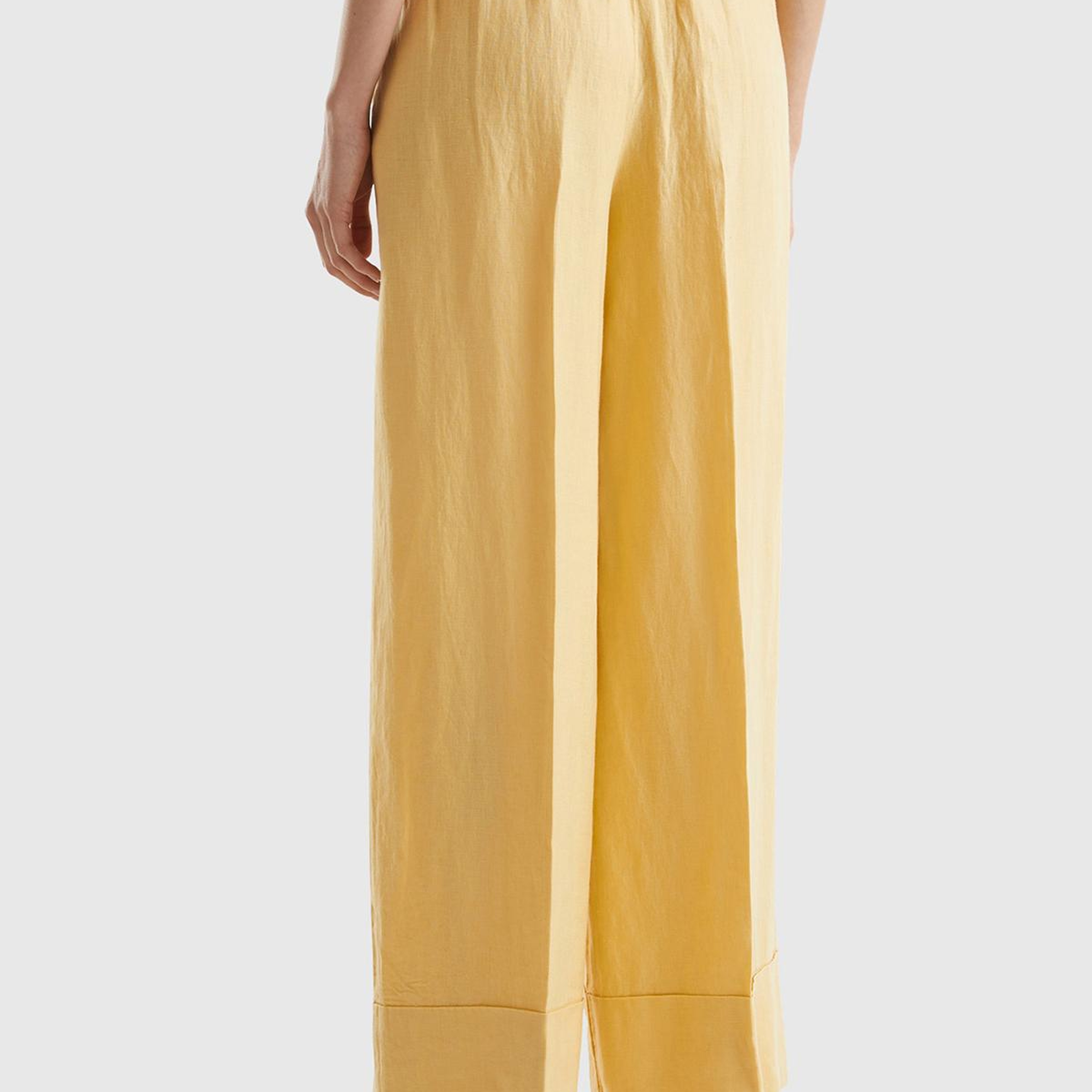 Kadın Açık Sarı %100 Keten Beli Lastikli Geniş Kesim Pantolon