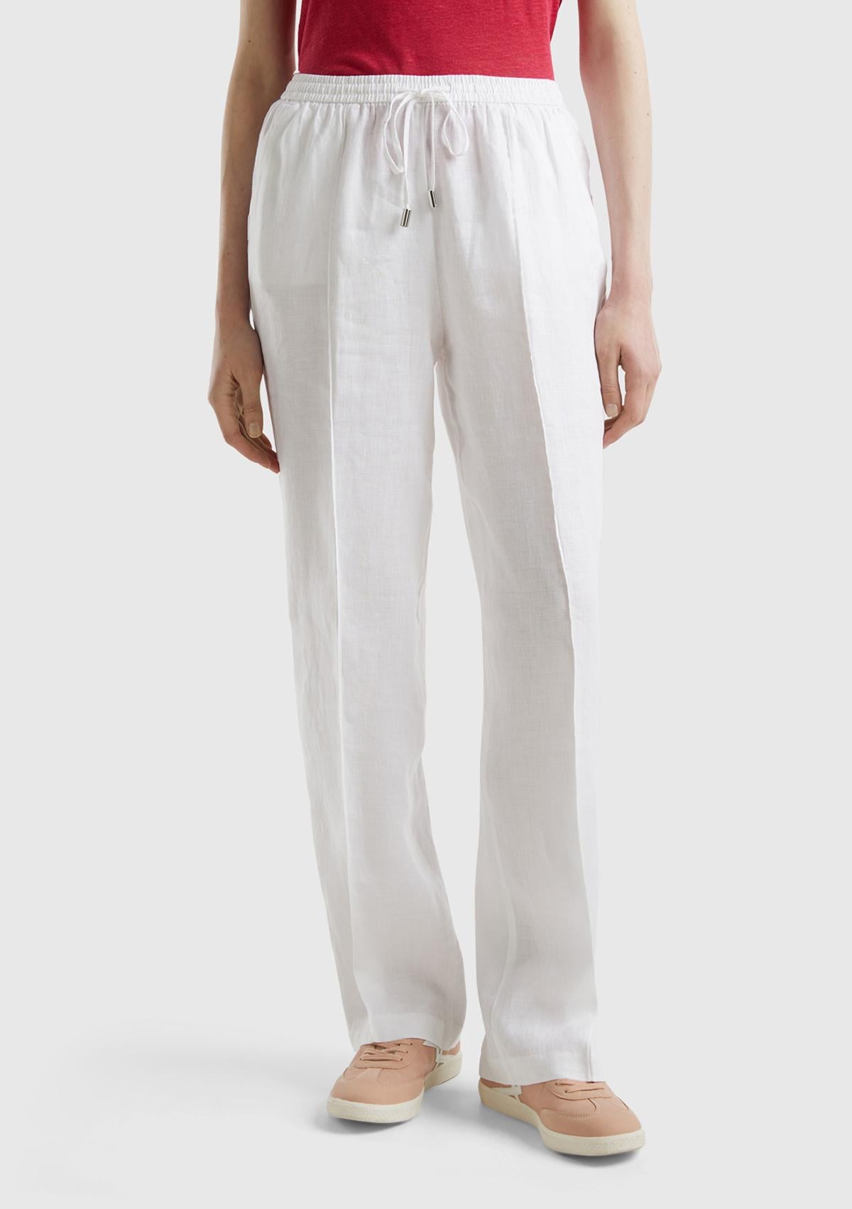 Kadın Beyaz %100 Keten Beli İpli Rahat Kalıp Pantolon