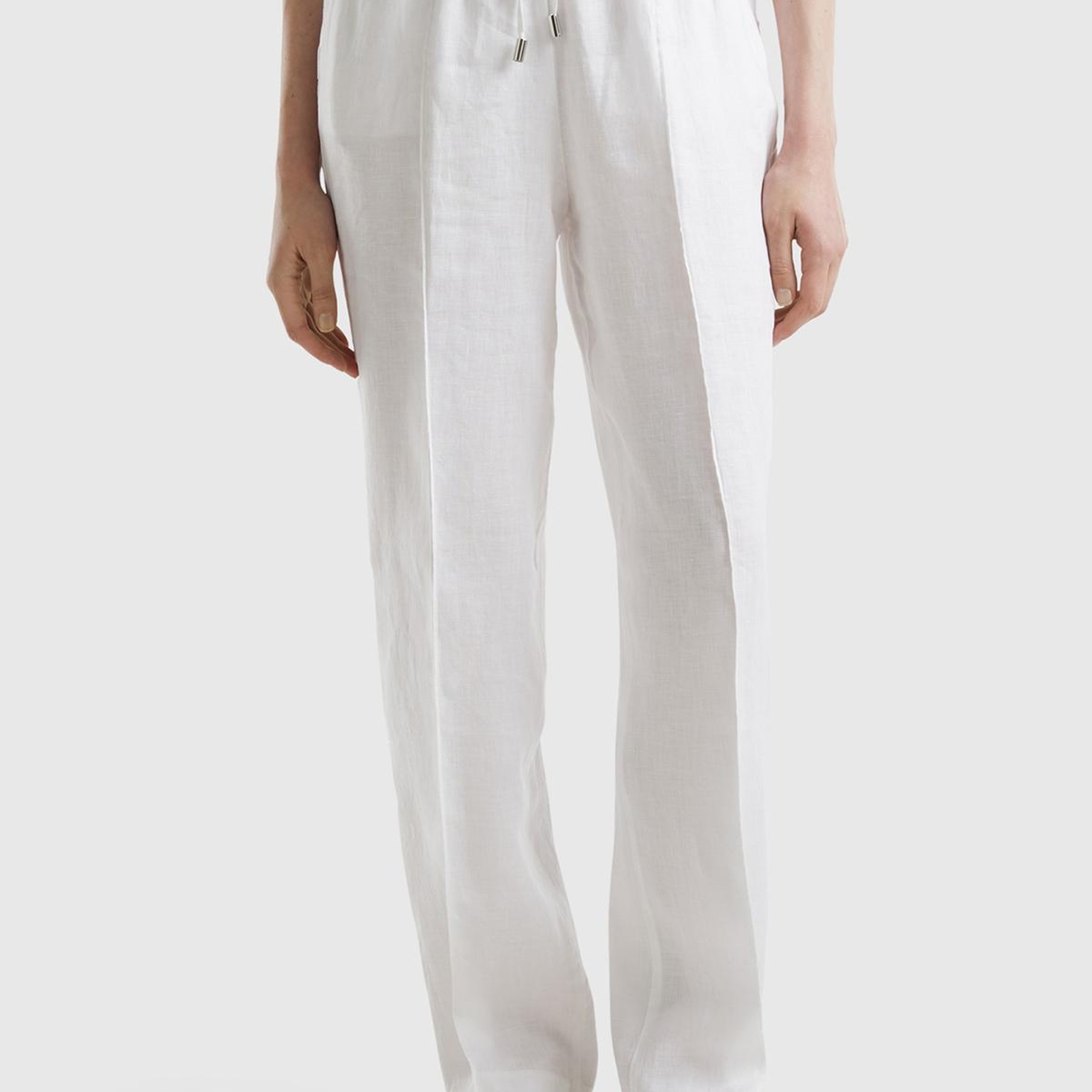 Kadın Beyaz %100 Keten Beli İpli Rahat Kalıp Pantolon