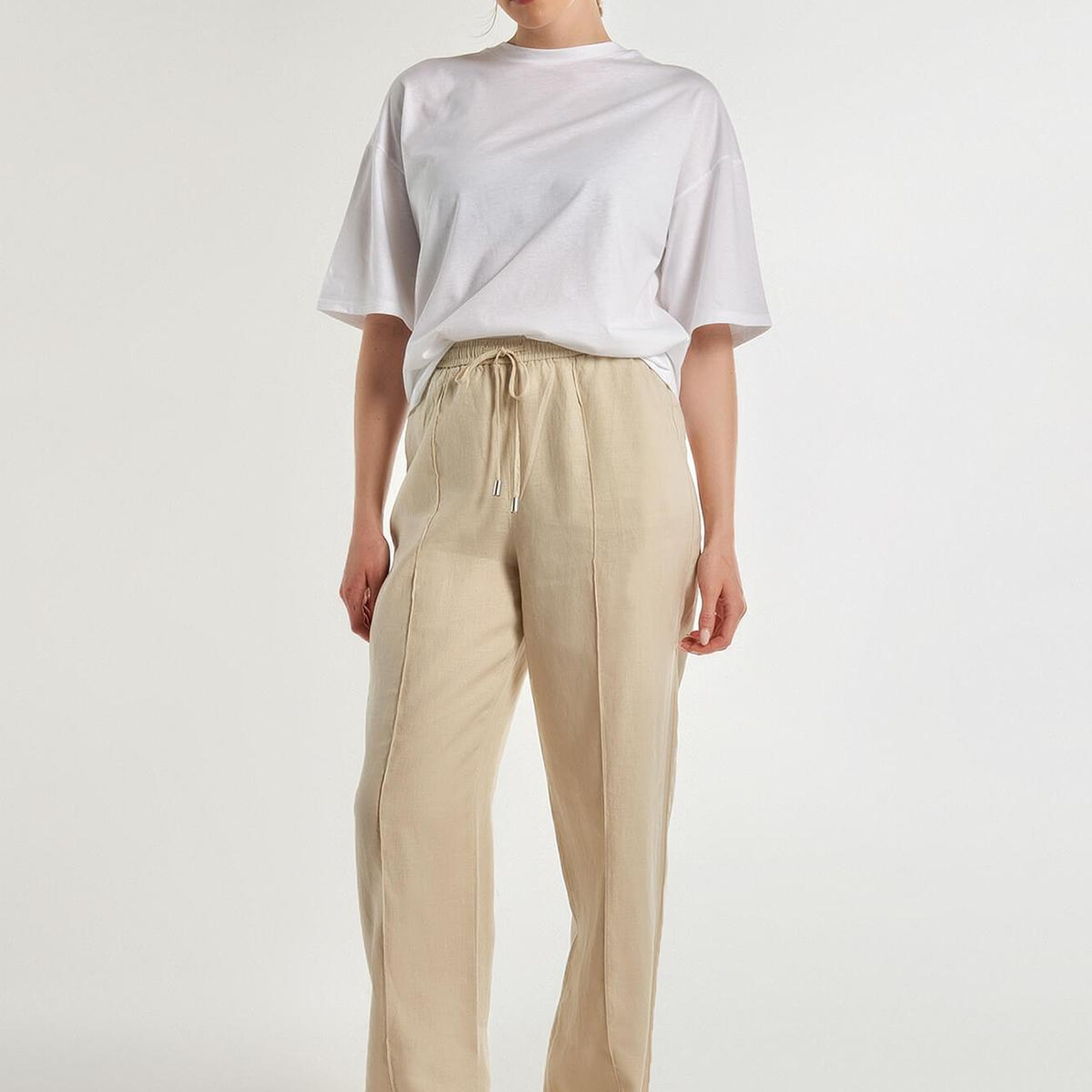 Kadın Bej %100 Keten Beli İpli Rahat Kalıp Pantolon