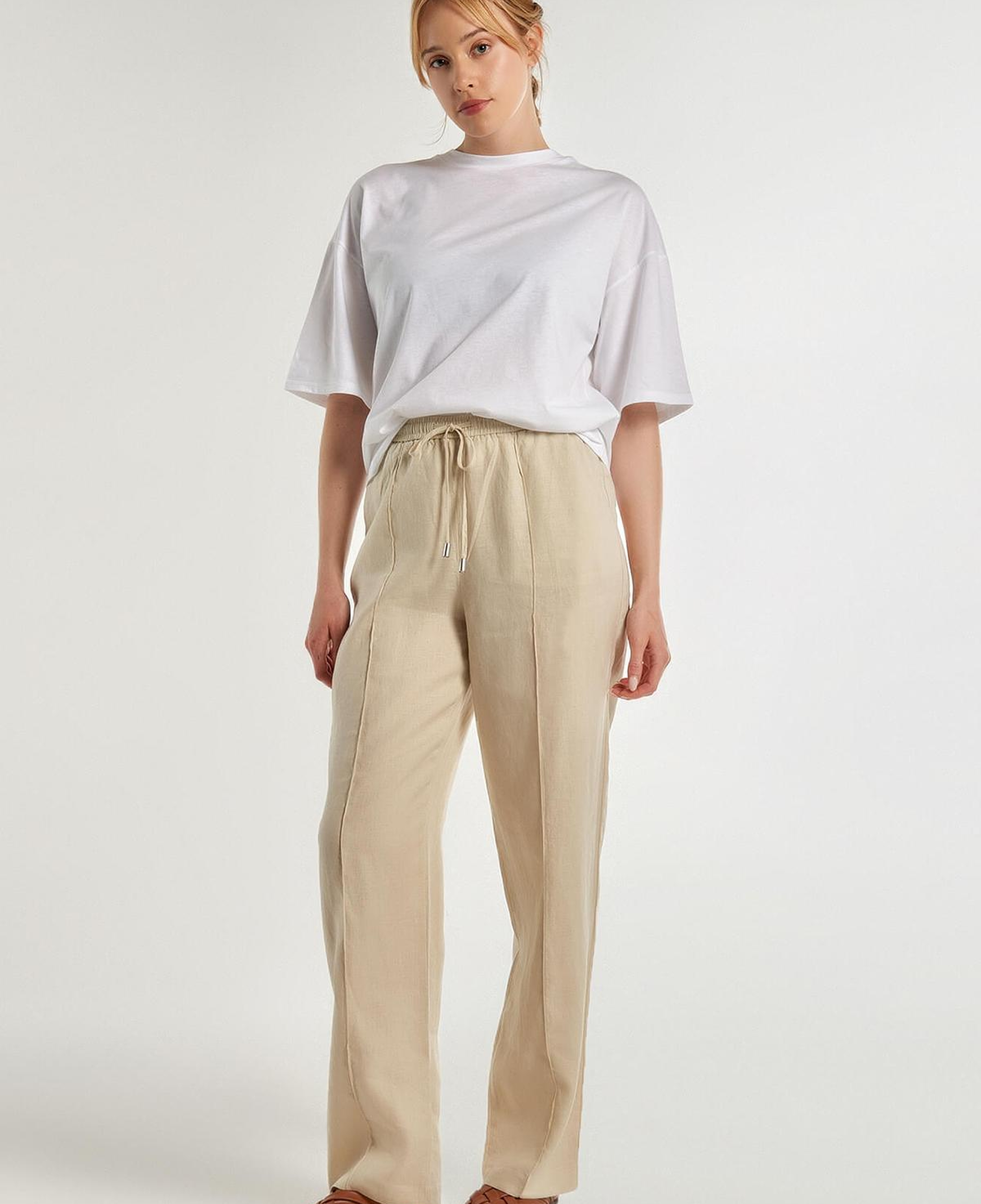 Kadın Bej %100 Keten Beli İpli Rahat Kalıp Pantolon
