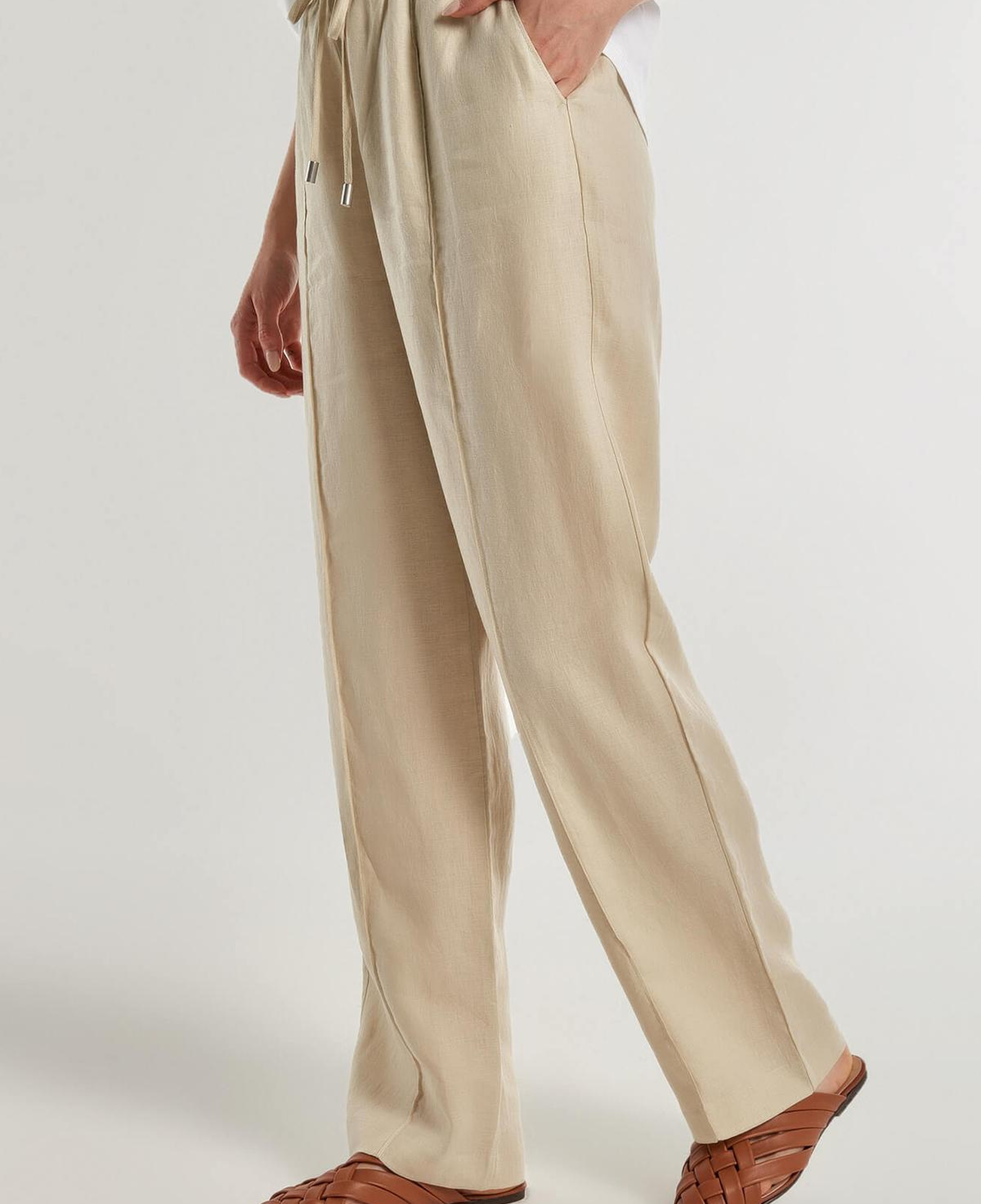 Kadın Bej %100 Keten Beli İpli Rahat Kalıp Pantolon