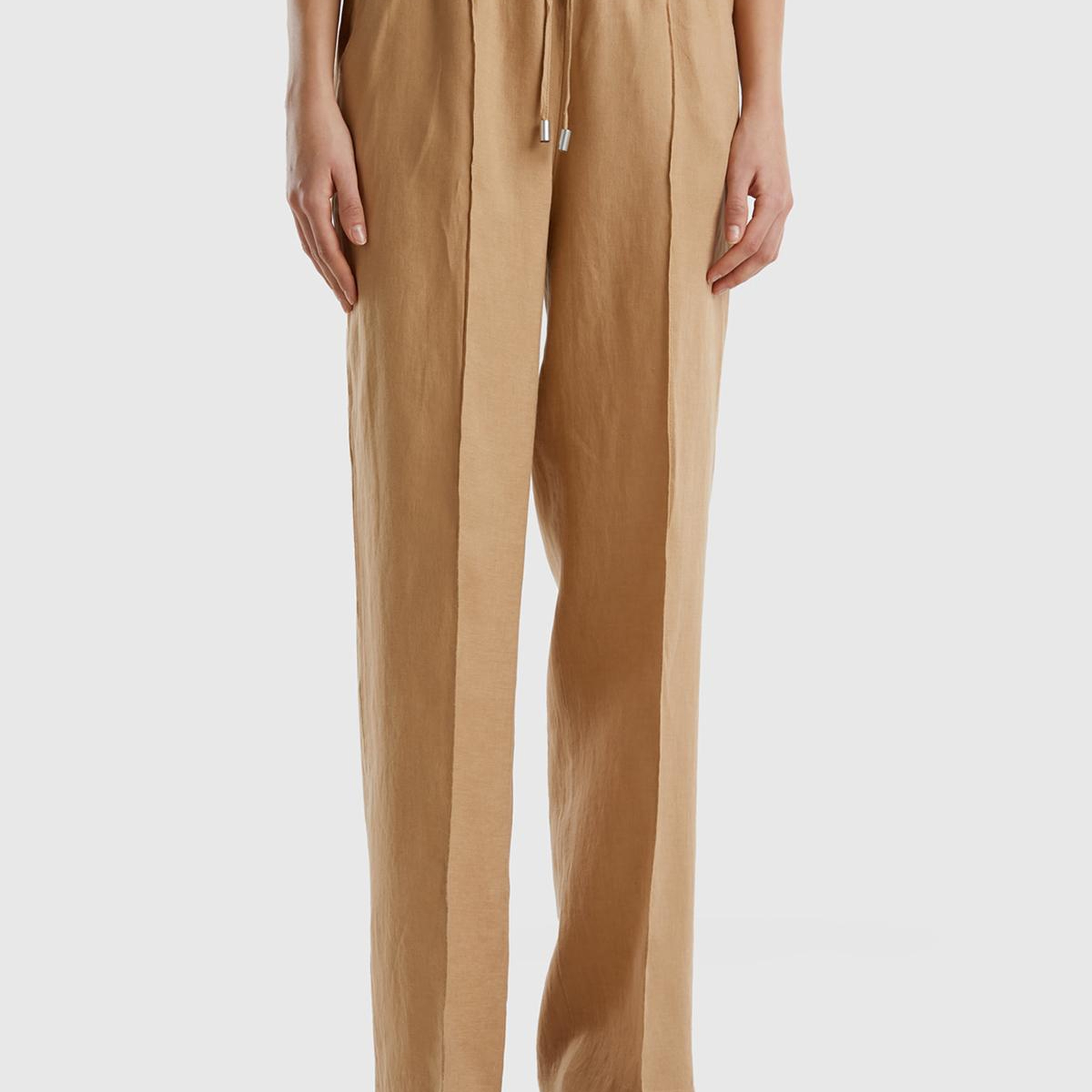 Kadın Taba %100 Keten Beli İpli Rahat Kalıp Pantolon