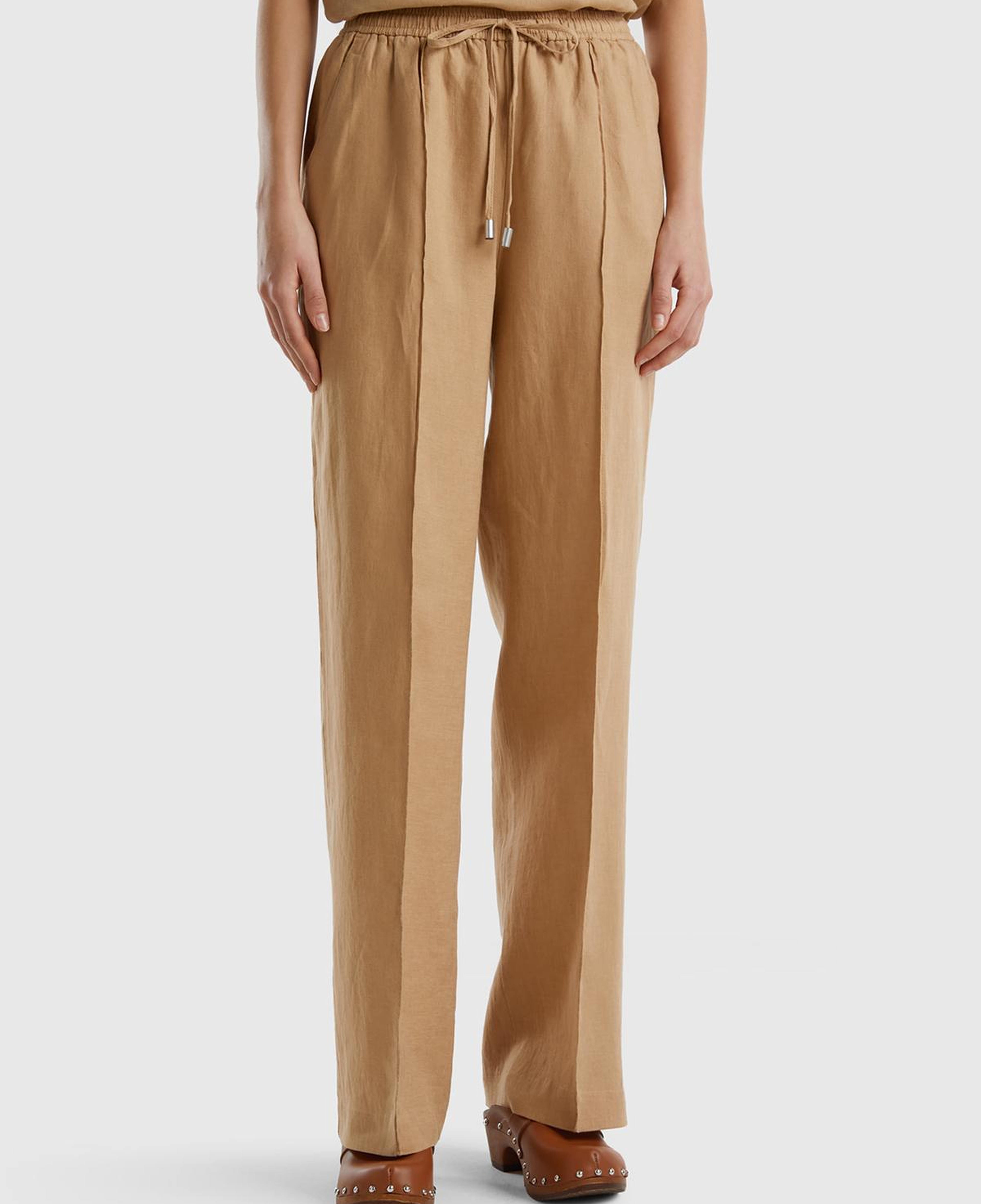 Kadın Taba %100 Keten Beli İpli Rahat Kalıp Pantolon