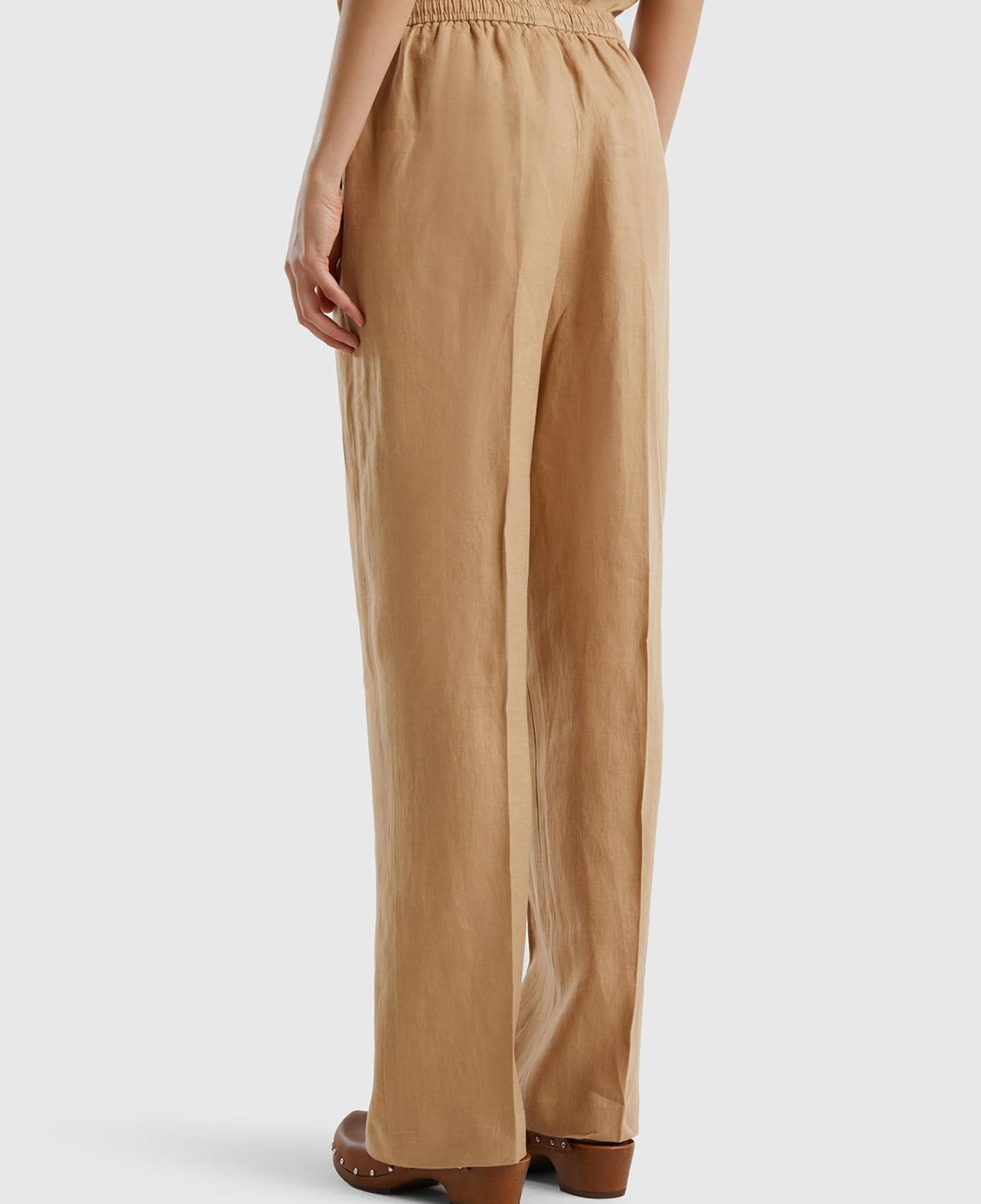 Kadın Taba %100 Keten Beli İpli Rahat Kalıp Pantolon